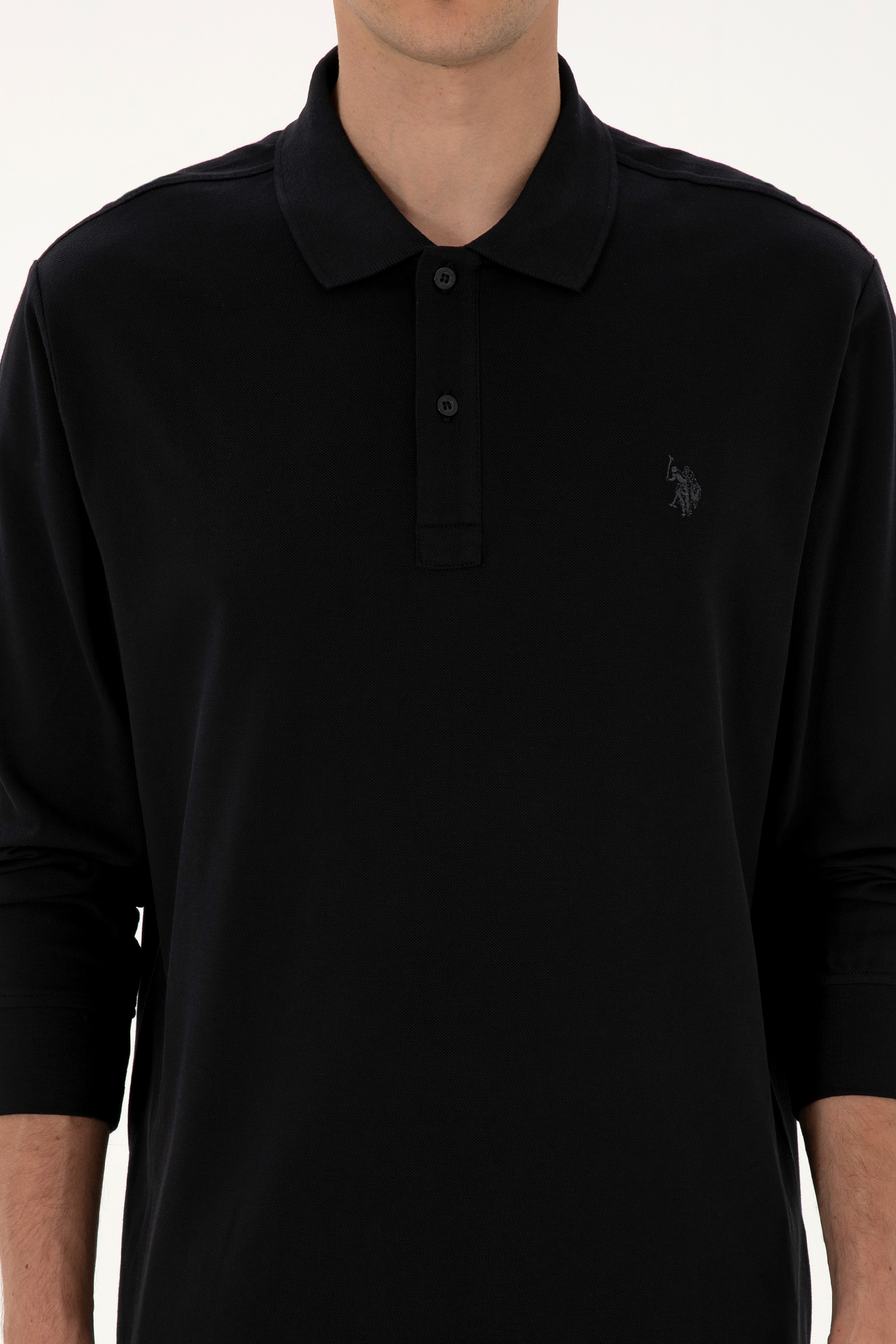 Erkek Regular Fit Polo Yaka Siyah Basic Sweatshirt