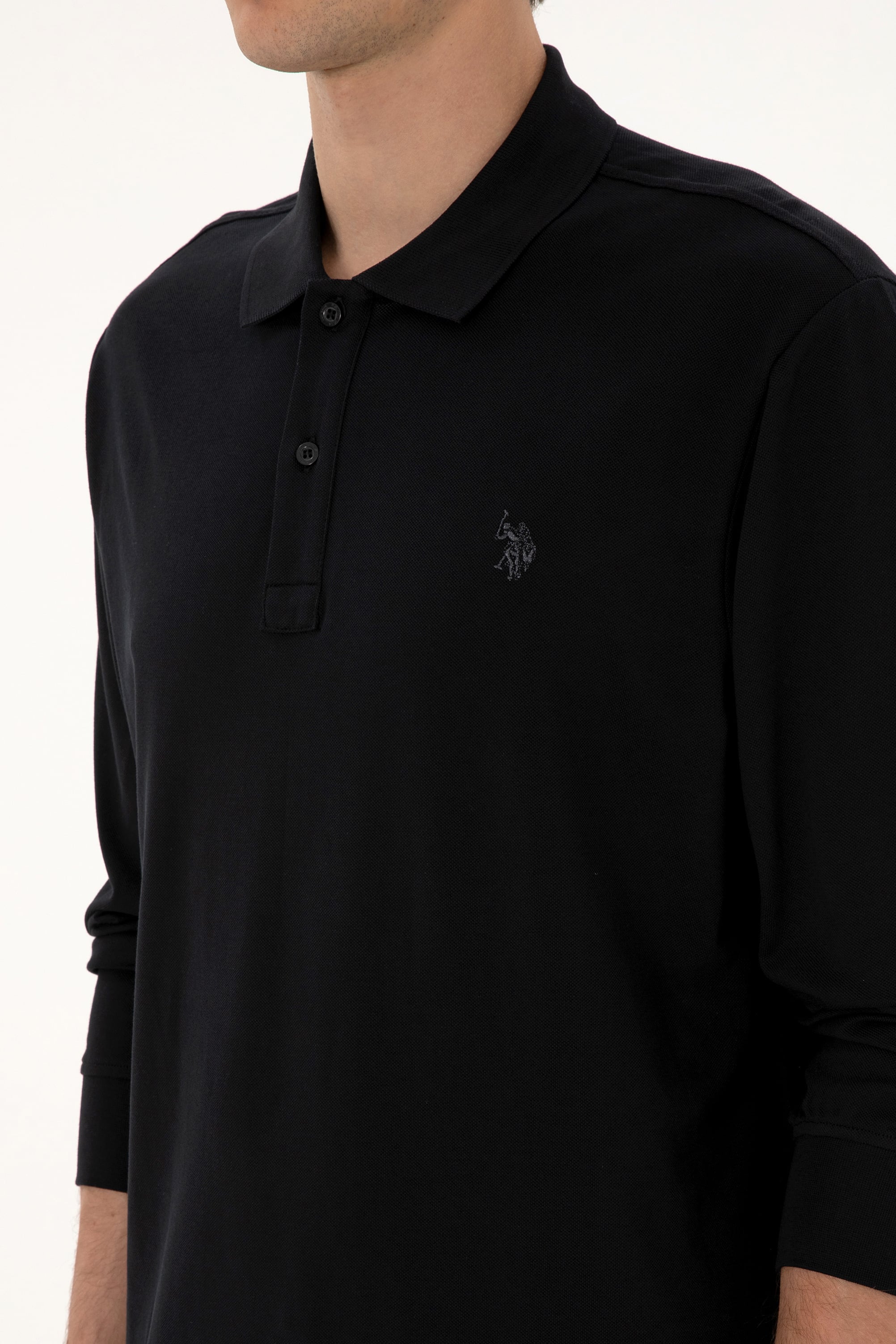 Erkek Regular Fit Polo Yaka Siyah Basic Sweatshirt - Image 7