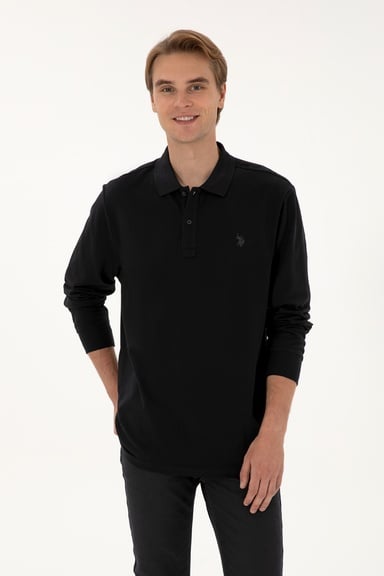 Erkek Regular Fit Polo Yaka Siyah Basic Sweatshirt
