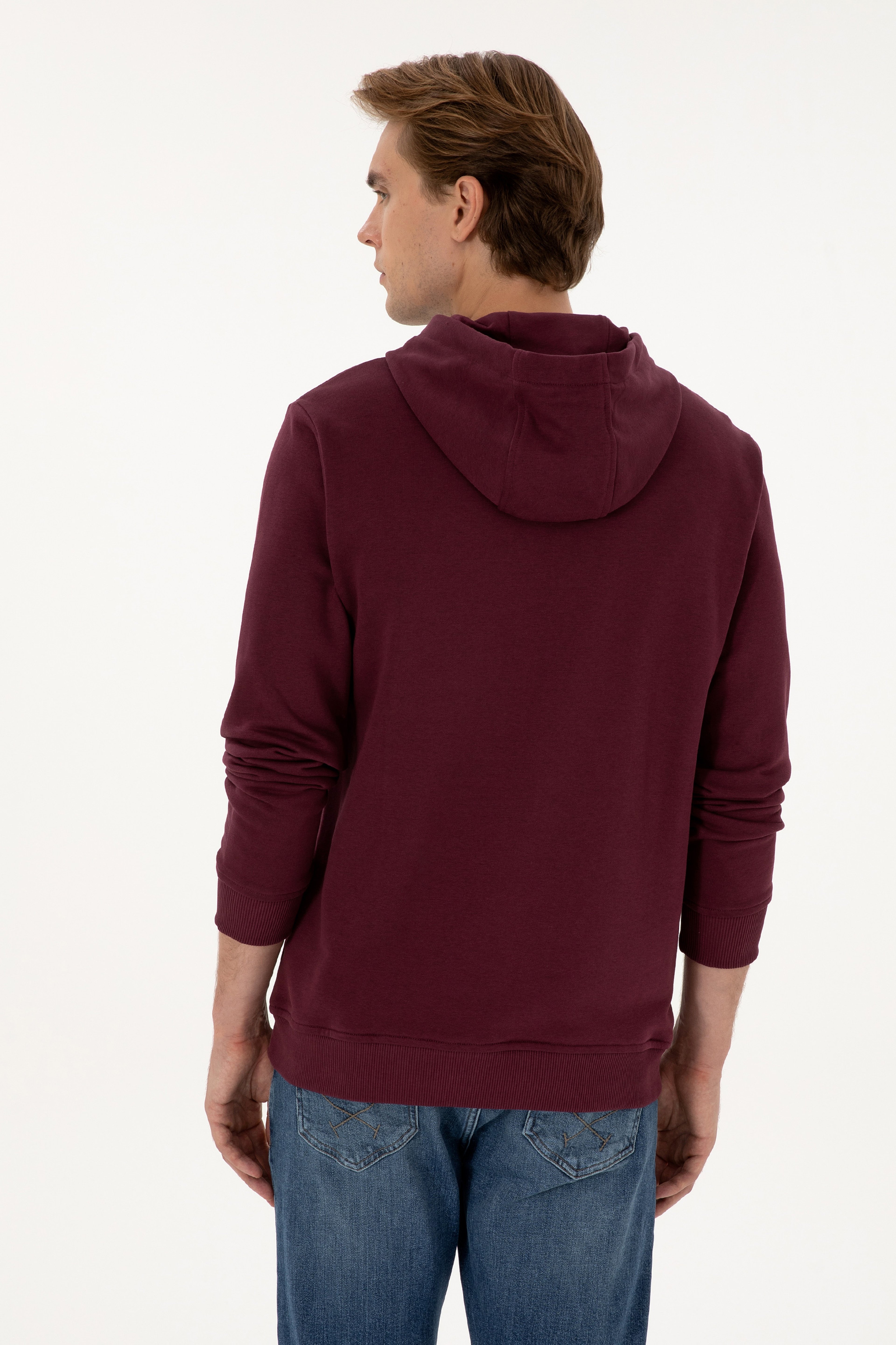 Erkek Regular Fit Kapüşonlu Bordo Basic Sweatshirt - Image 5