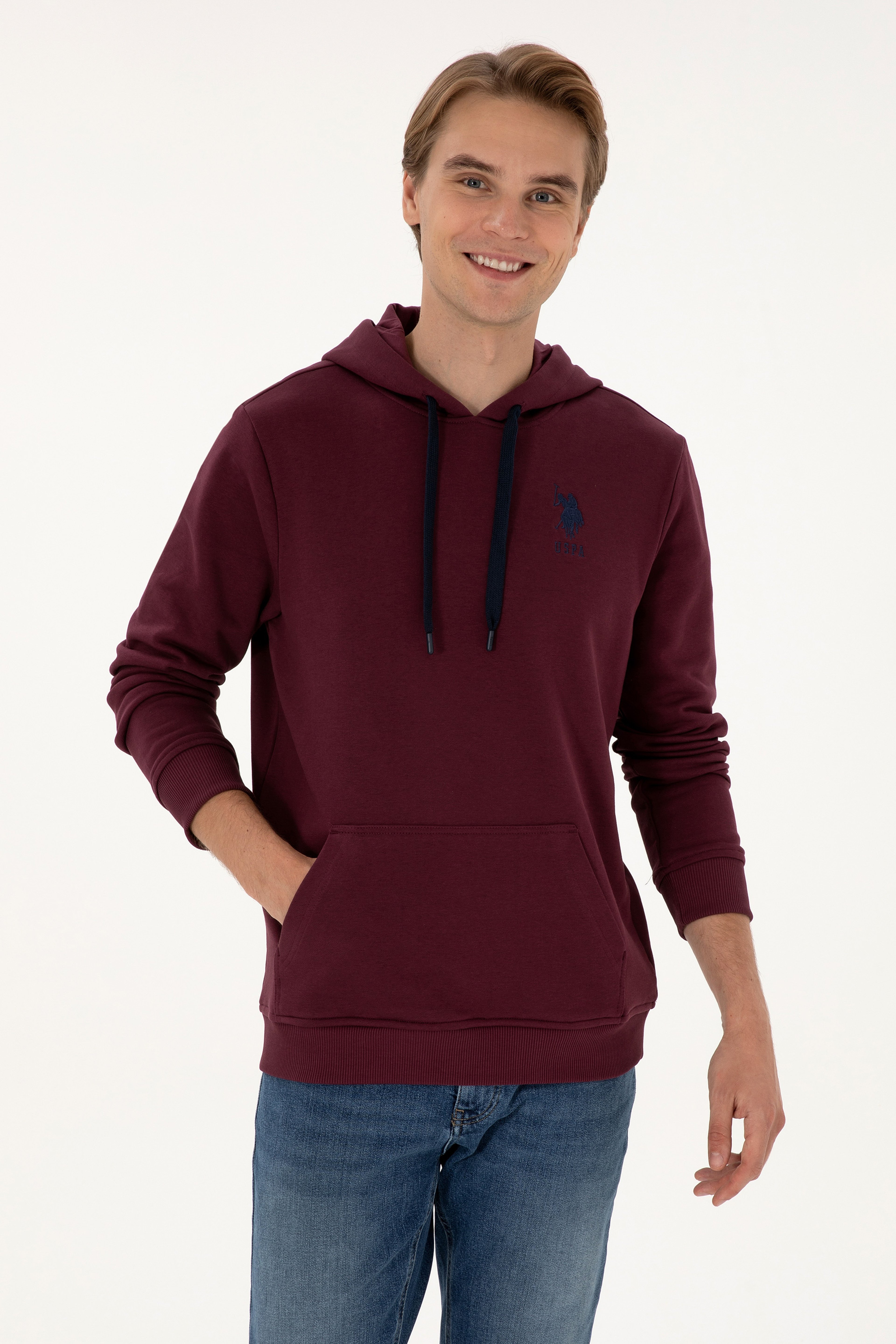 Erkek Regular Fit Kapüşonlu Bordo Basic Sweatshirt