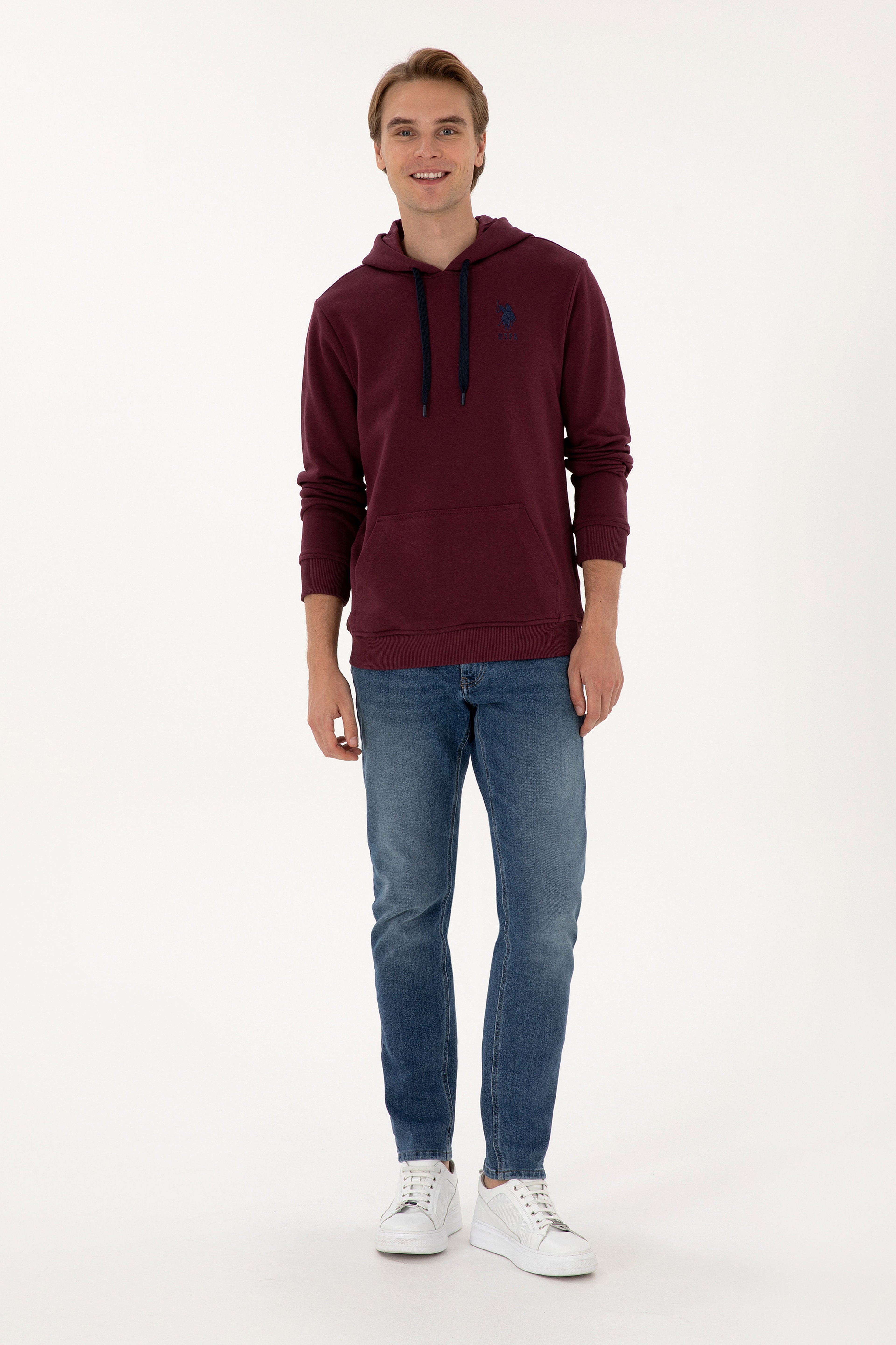 Erkek Regular Fit Kapüşonlu Bordo Basic Sweatshirt