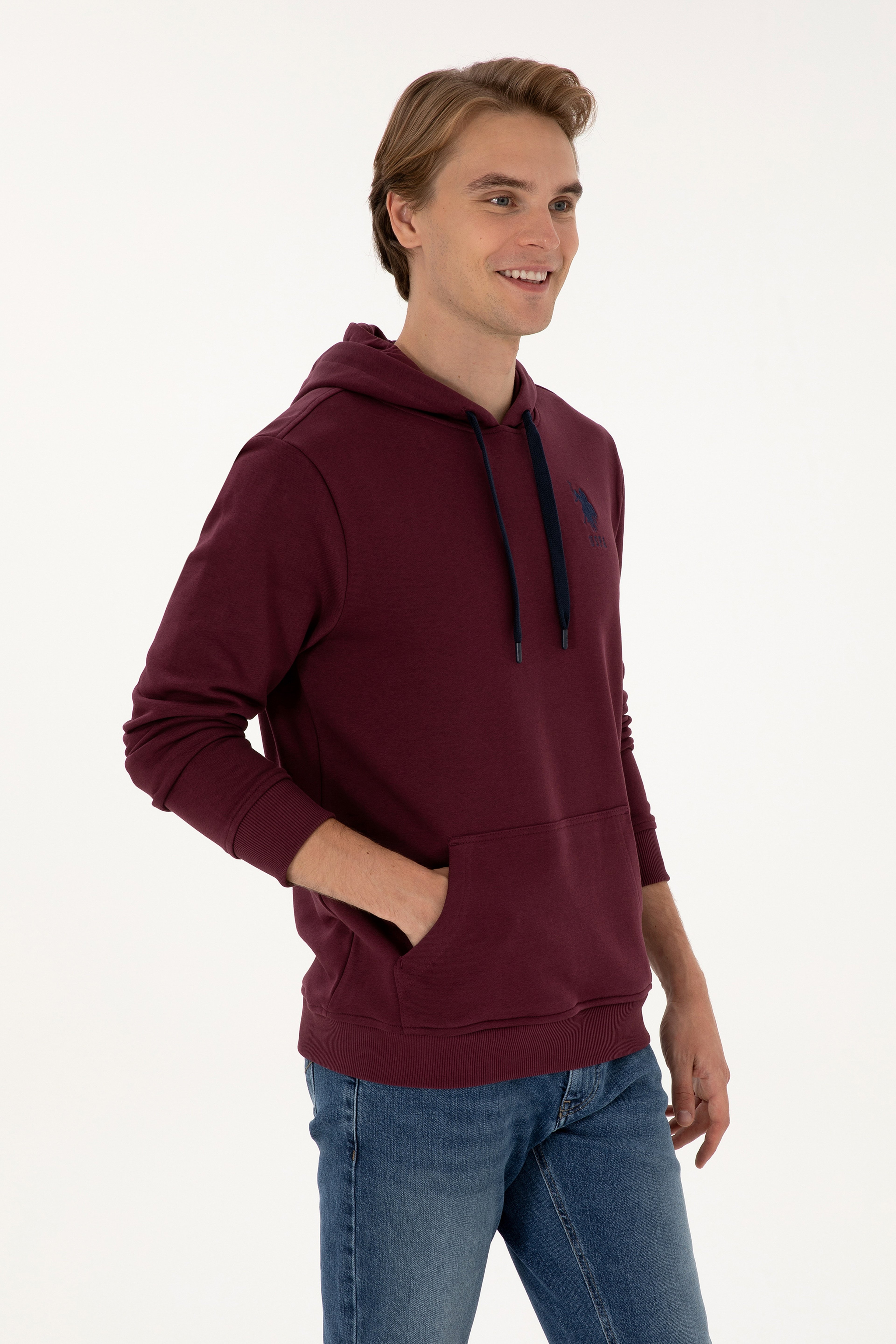 Erkek Regular Fit Kapüşonlu Bordo Basic Sweatshirt