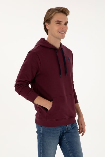 Erkek Regular Fit Kapüşonlu Bordo Basic Sweatshirt