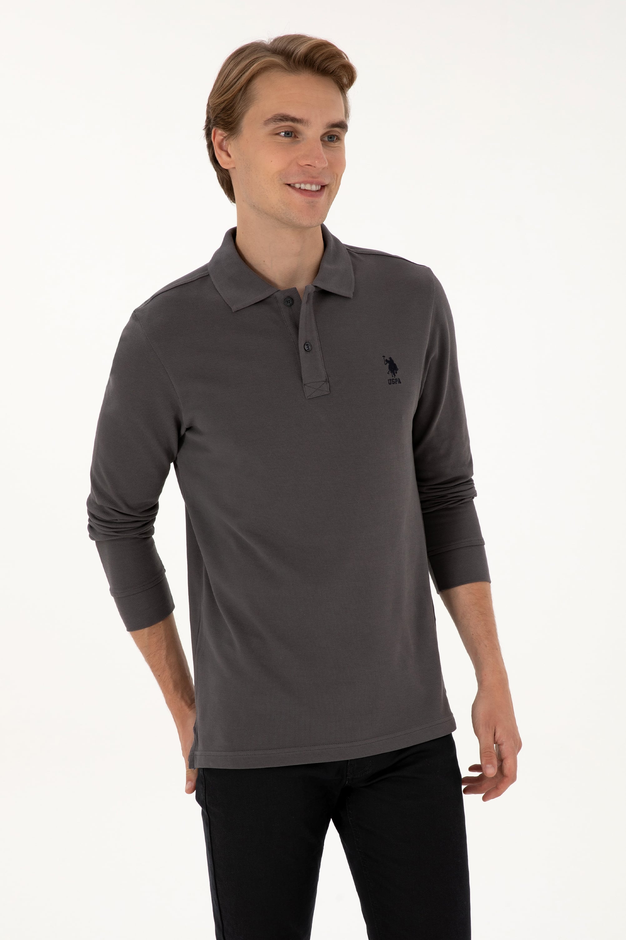 Erkek Regular Fit Polo Yaka Gri Basic Sweatshirt