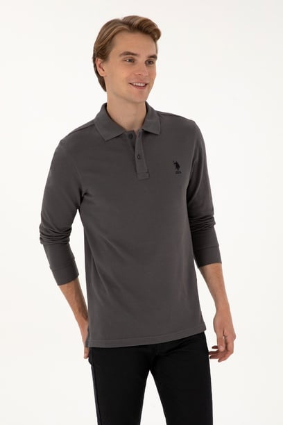 Erkek Regular Fit Polo Yaka Gri Basic Sweatshirt