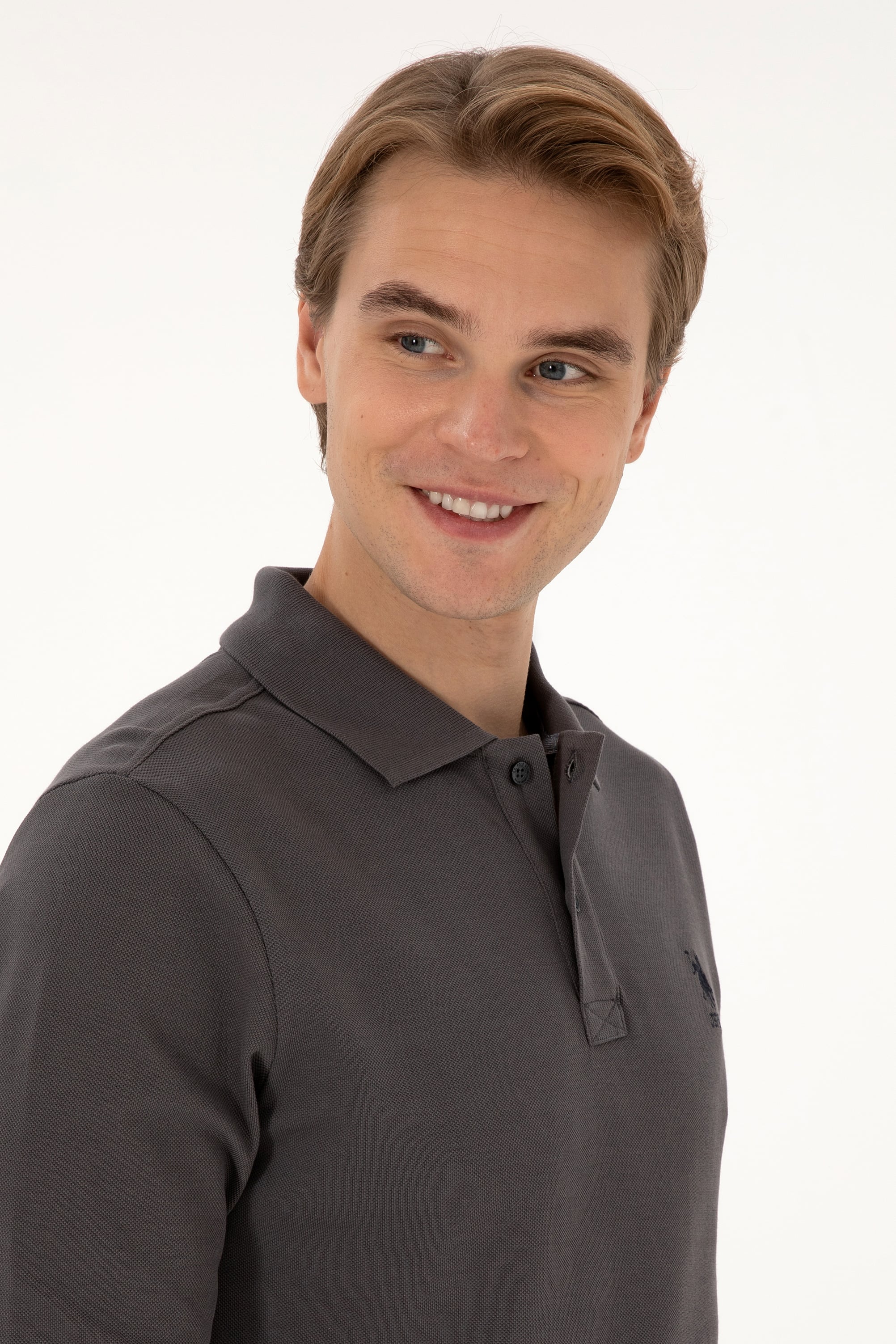 Erkek Regular Fit Polo Yaka Gri Basic Sweatshirt