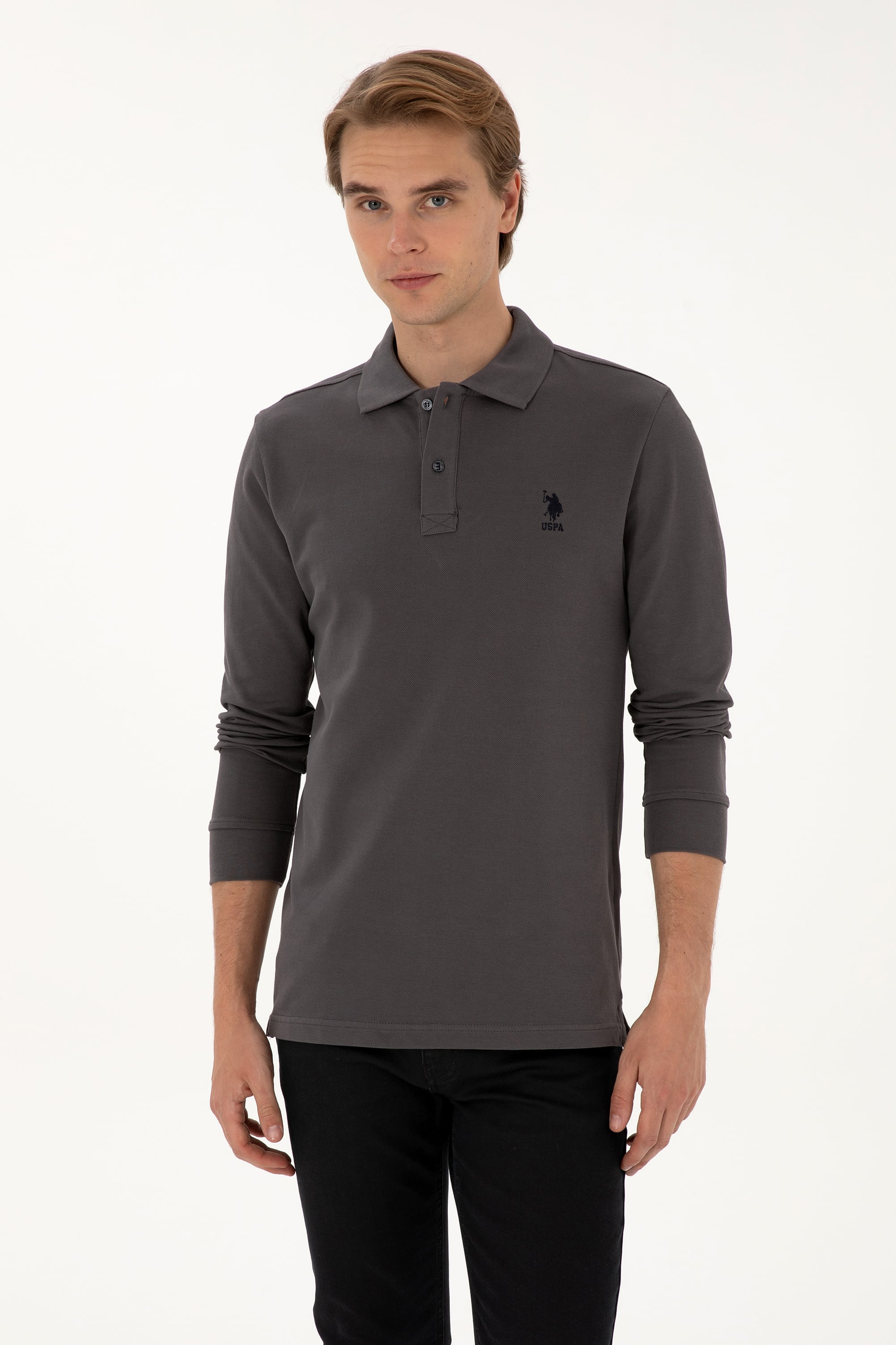Erkek Regular Fit Polo Yaka Gri Basic Sweatshirt