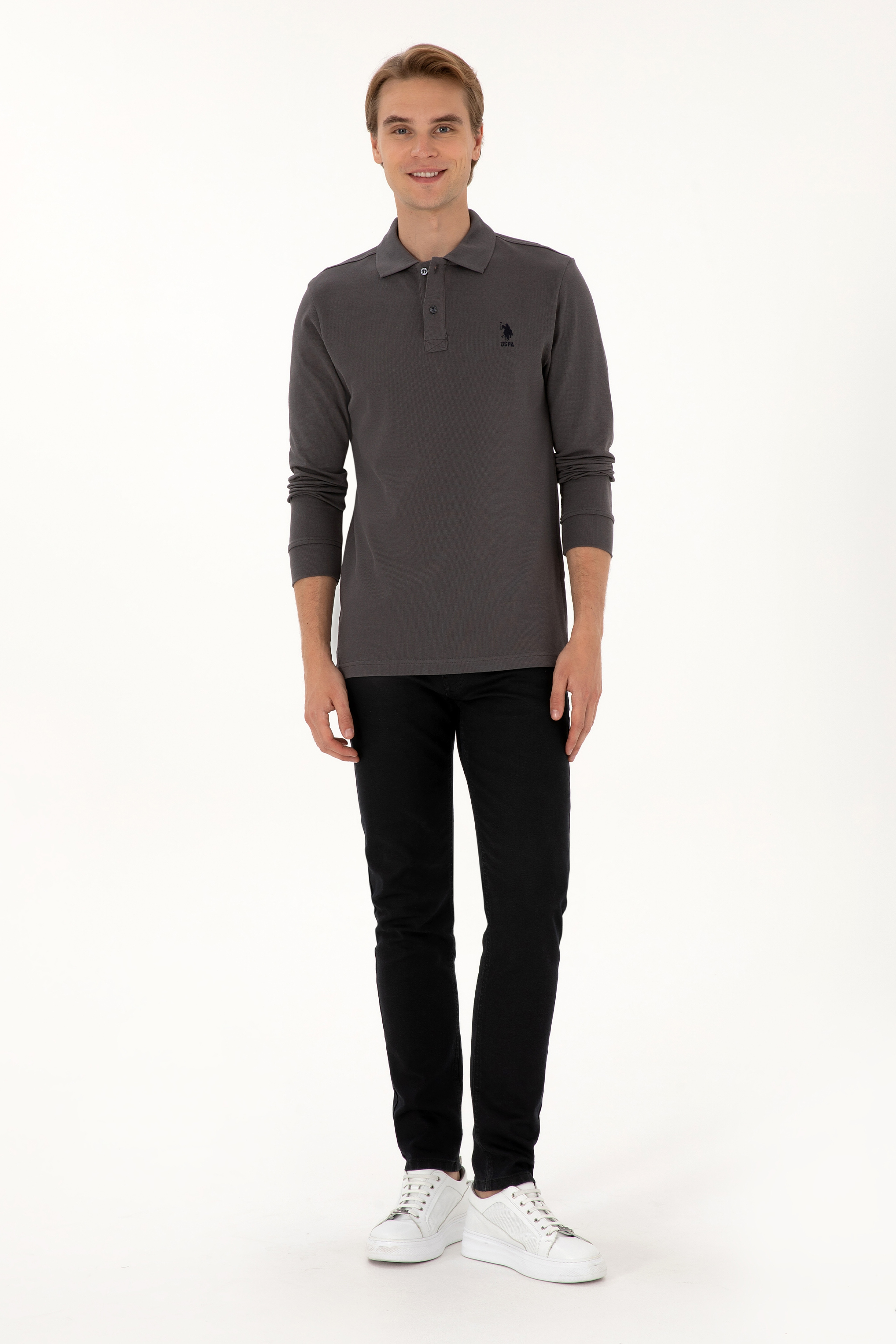 Erkek Regular Fit Polo Yaka Gri Basic Sweatshirt - Image 4