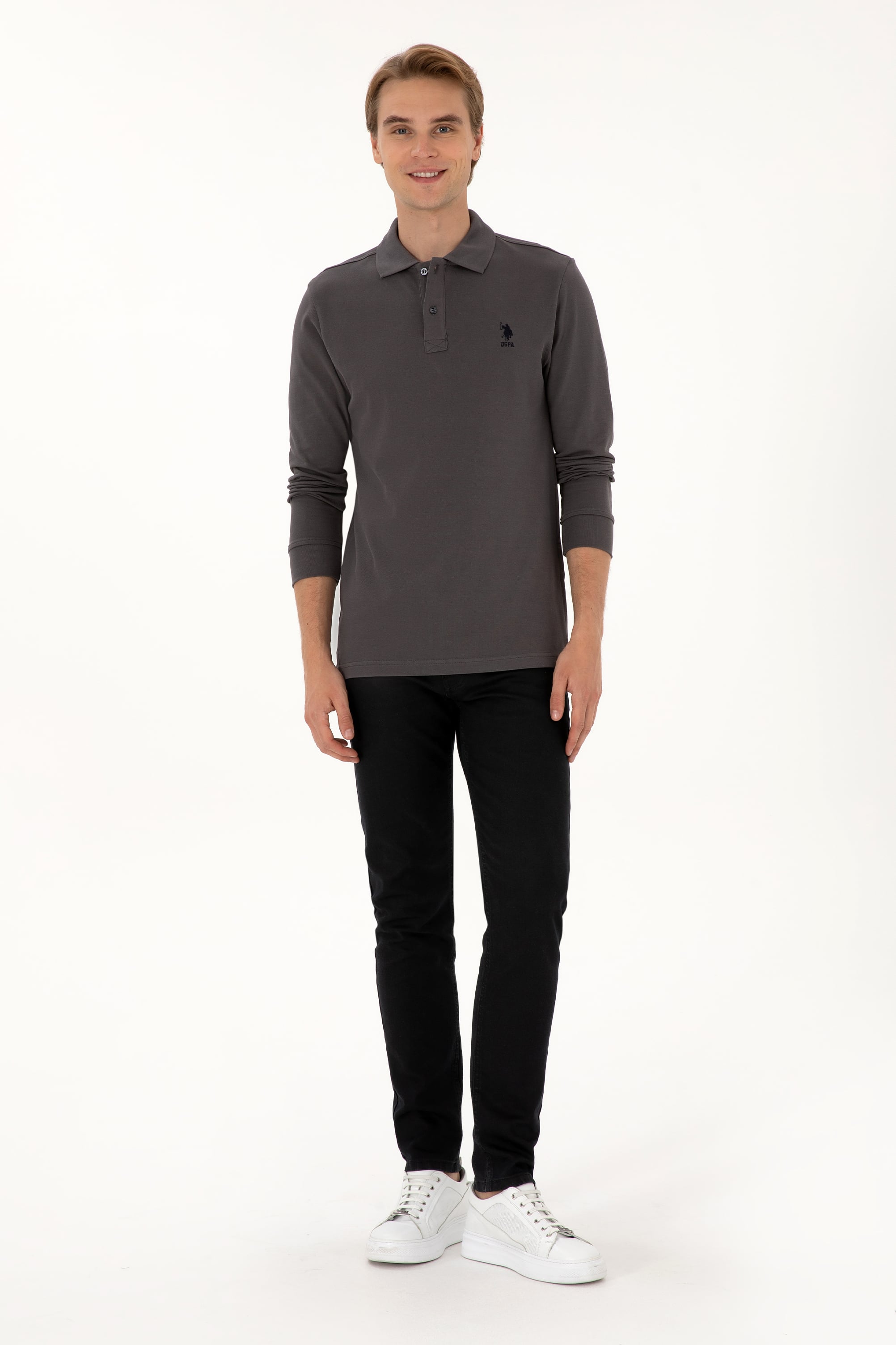 Erkek Regular Fit Polo Yaka Gri Basic Sweatshirt