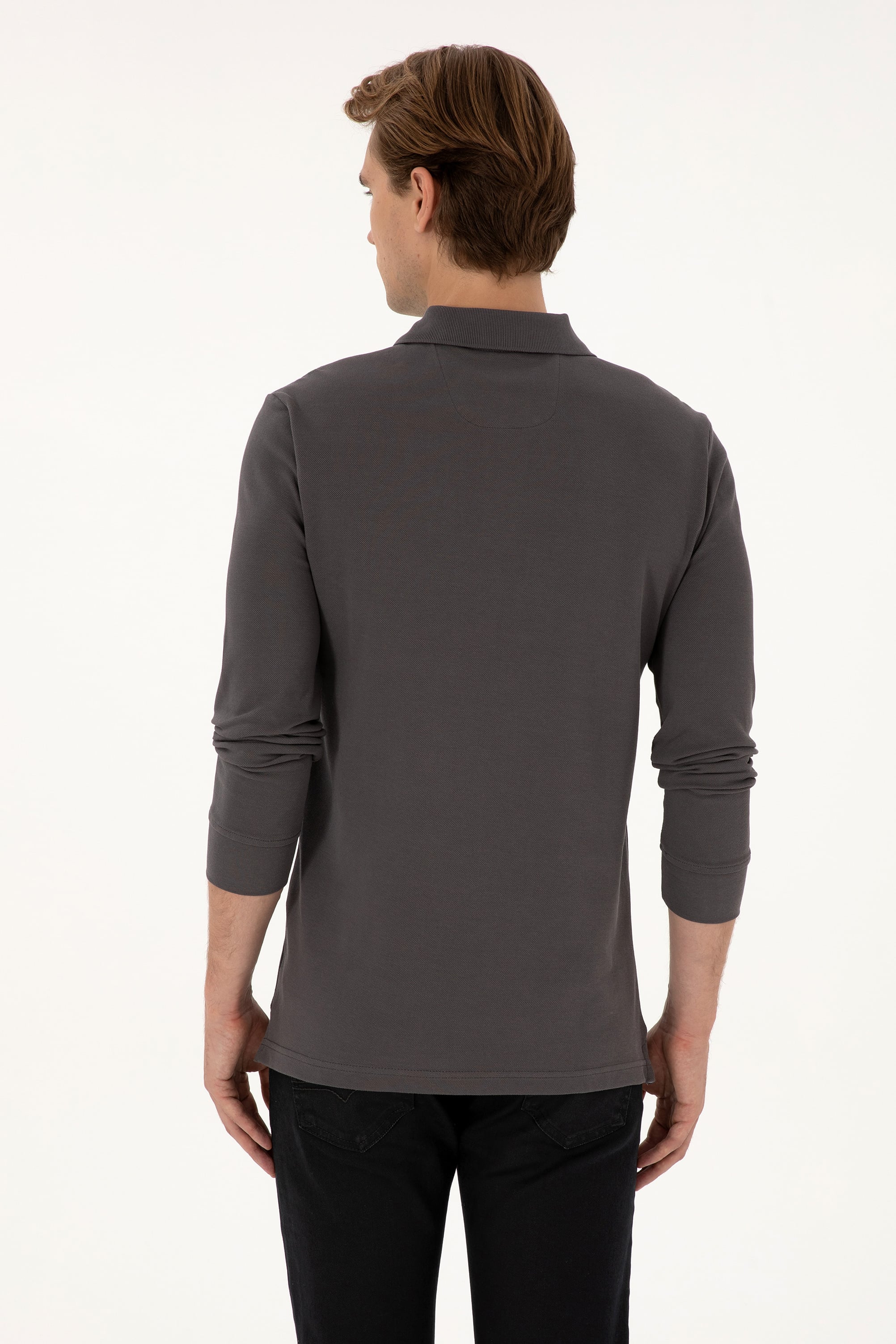 Erkek Regular Fit Polo Yaka Gri Basic Sweatshirt