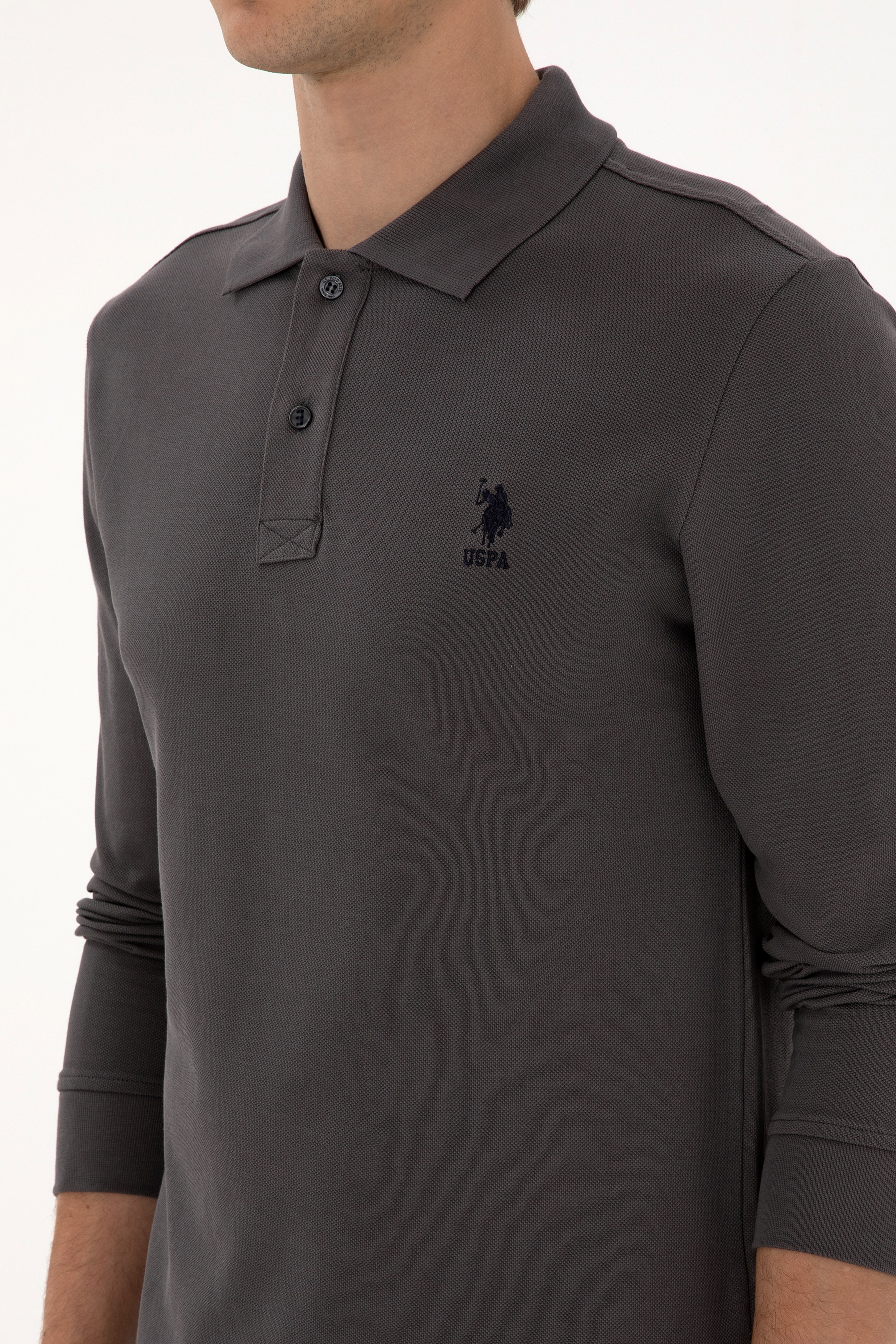 Erkek Regular Fit Polo Yaka Gri Basic Sweatshirt - Image 7