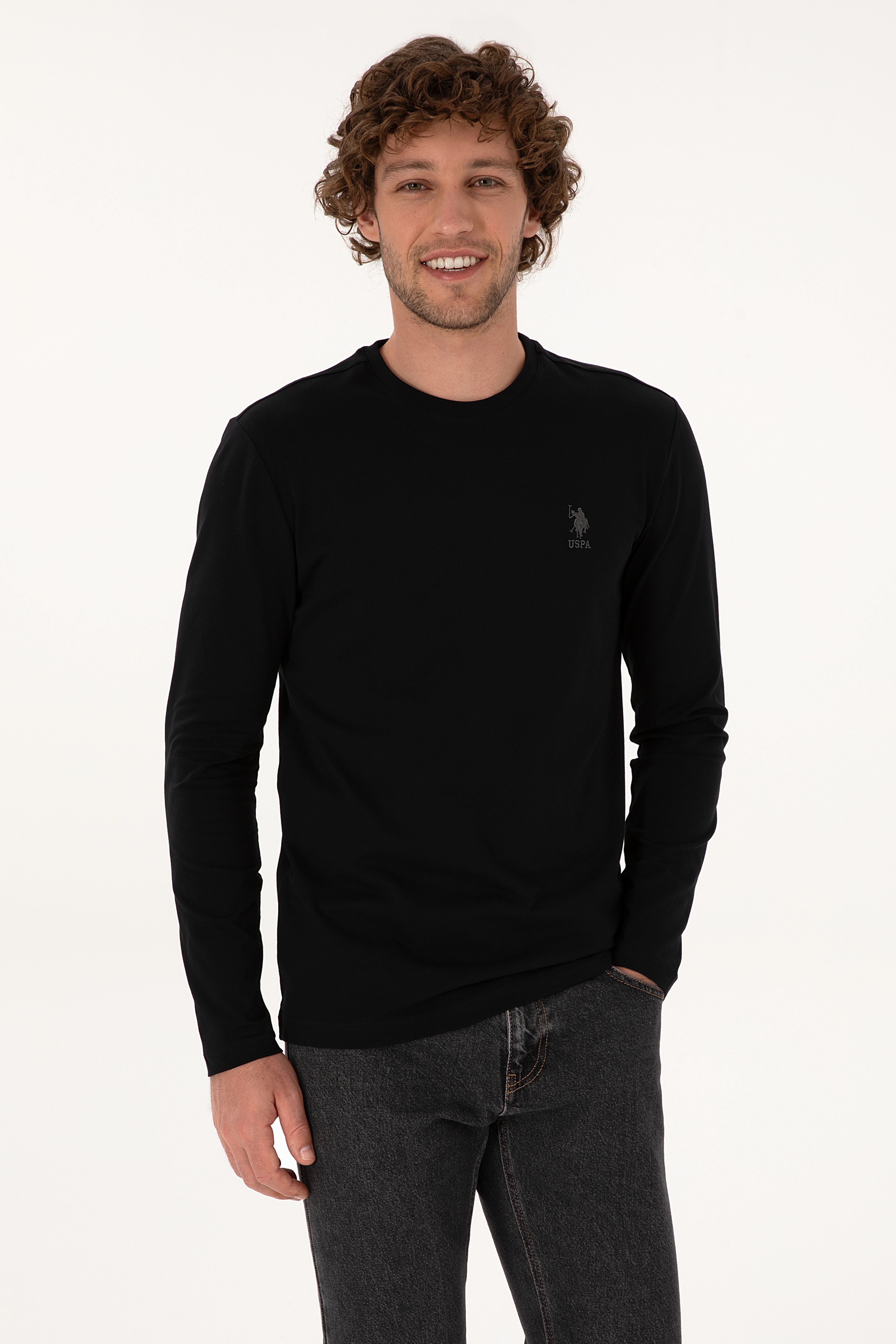 Erkek Slim Fit Bisiklet Yaka Siyah Basic Sweatshirt