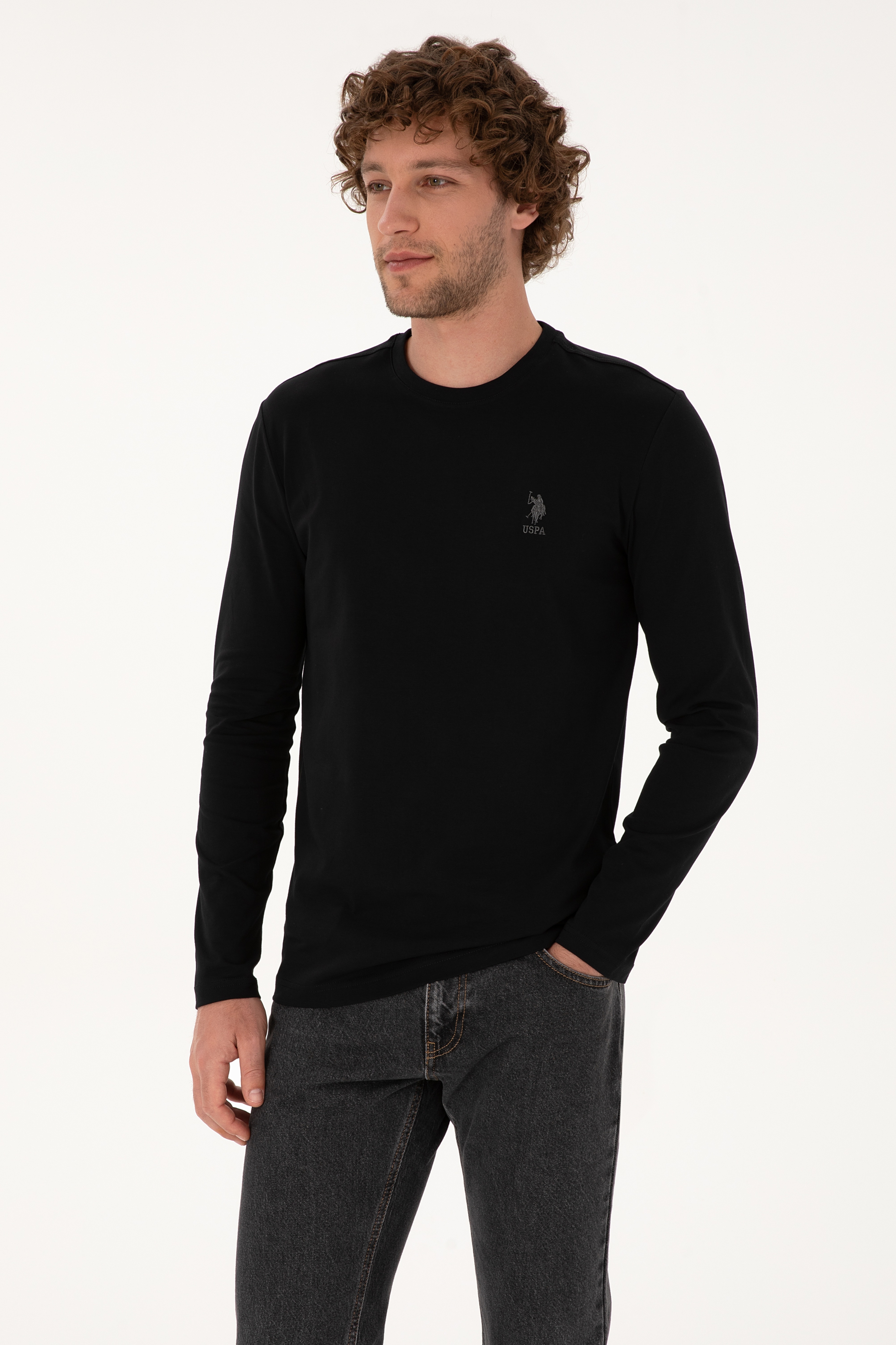 Erkek Slim Fit Bisiklet Yaka Siyah Basic Sweatshirt - Image 1
