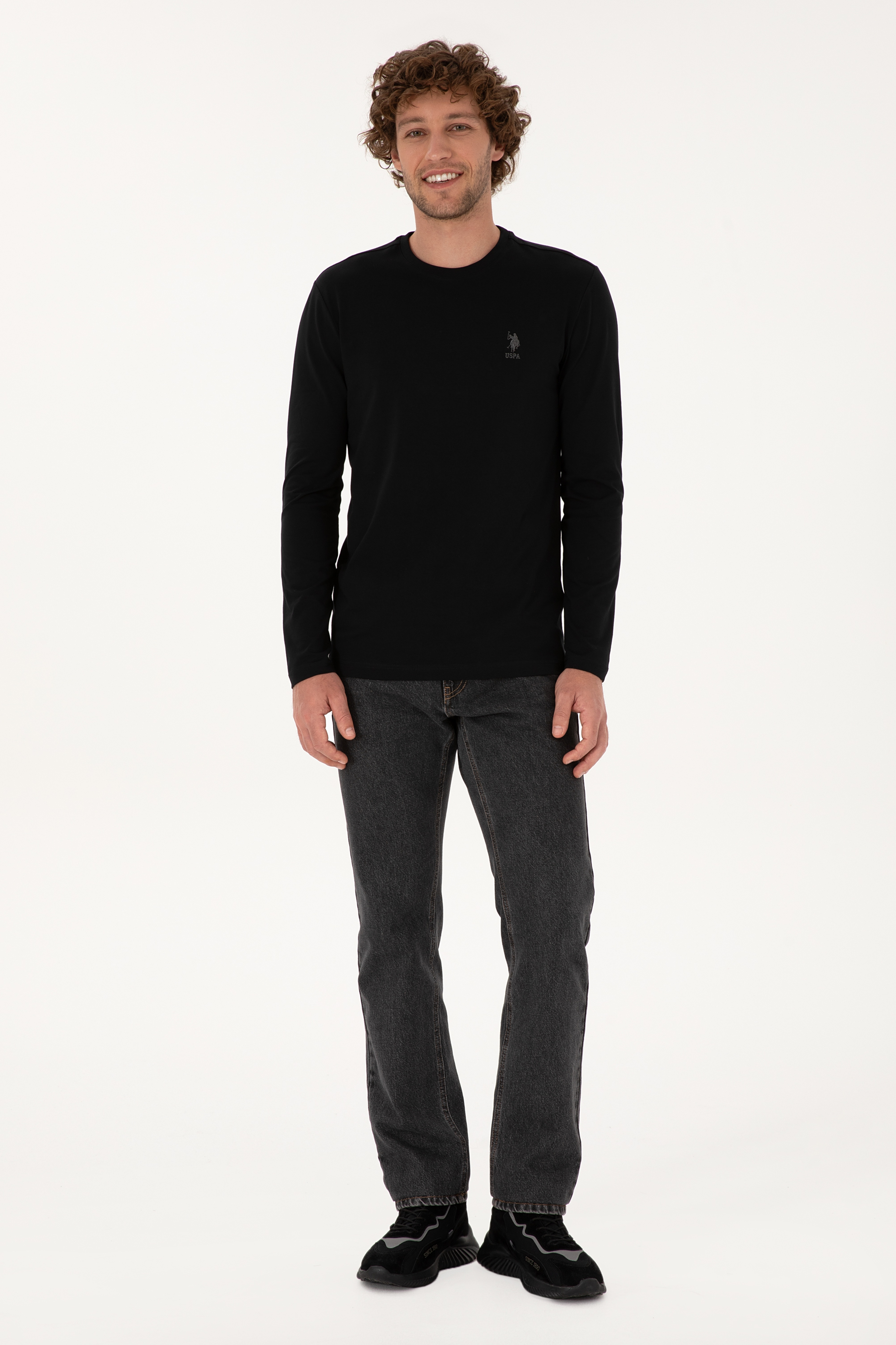 Erkek Slim Fit Bisiklet Yaka Siyah Basic Sweatshirt