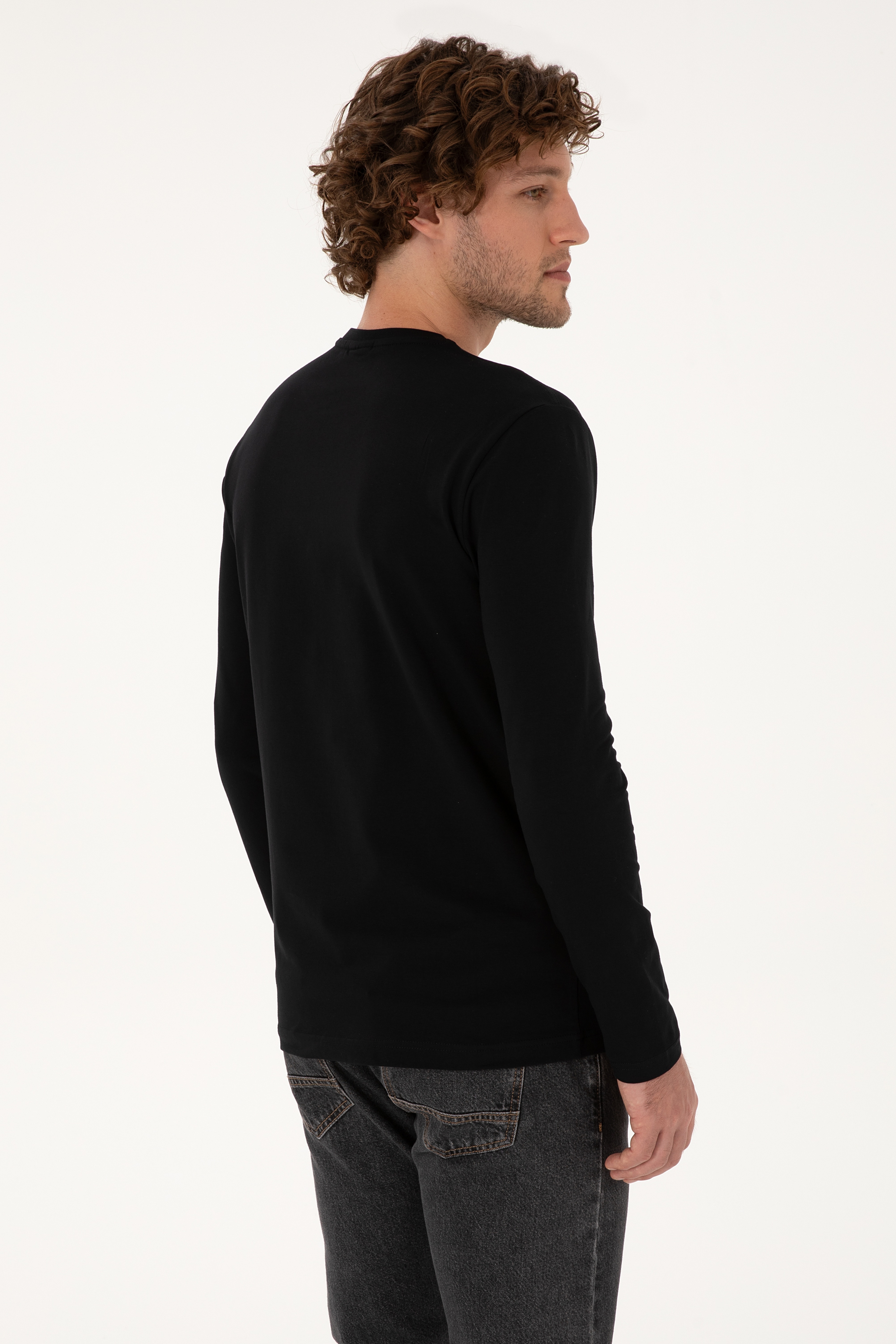 Erkek Slim Fit Bisiklet Yaka Siyah Basic Sweatshirt - Image 5