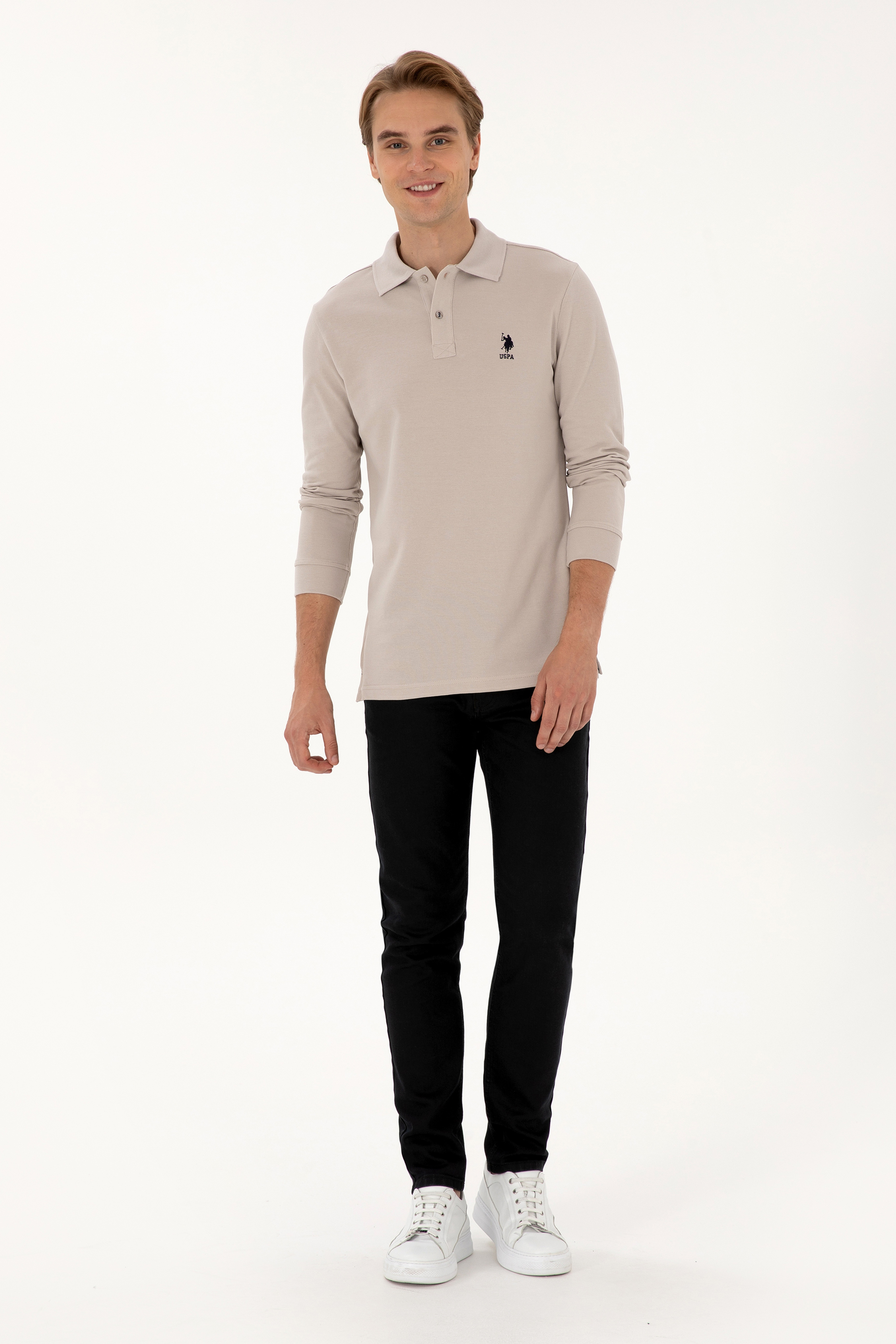 Erkek Regular Fit Polo Yaka Taş Basic Sweatshirt - Image 4
