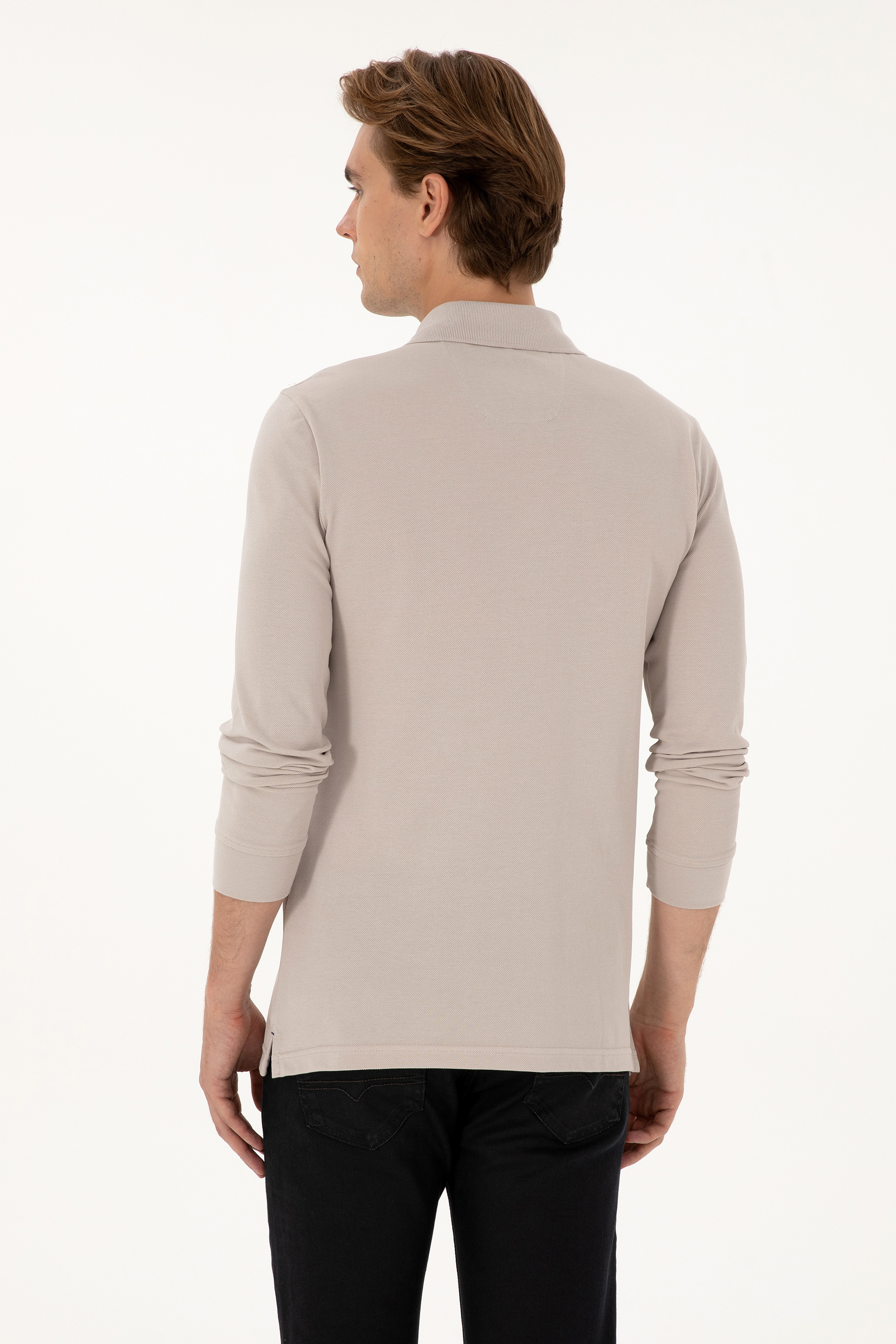 Erkek Regular Fit Polo Yaka Taş Basic Sweatshirt