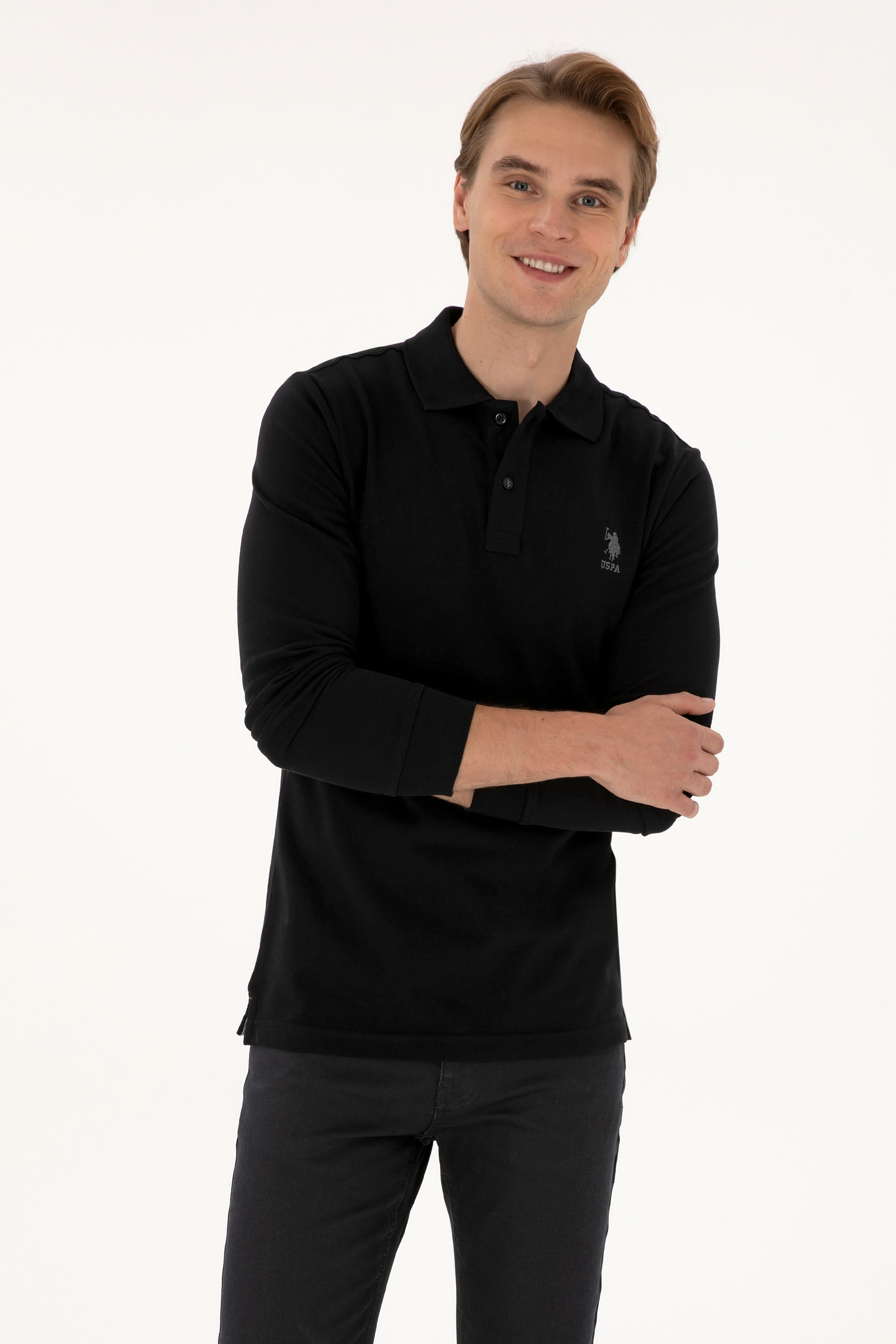 Erkek Regular Fit Polo Yaka Siyah Basic Sweatshirt