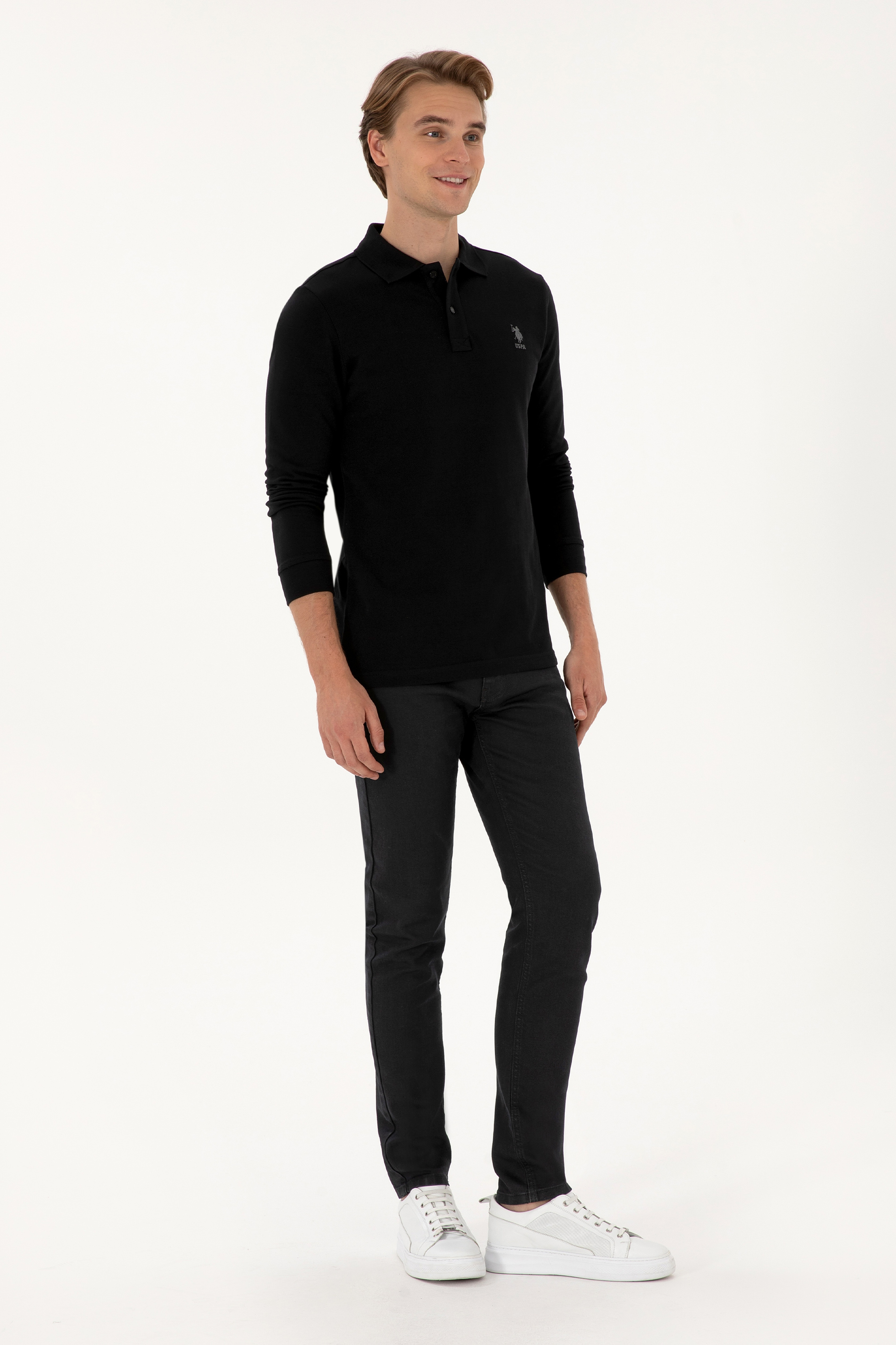 Erkek Regular Fit Polo Yaka Siyah Basic Sweatshirt