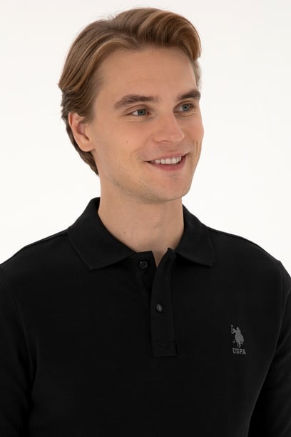 Erkek Regular Fit Polo Yaka Siyah Basic Sweatshirt