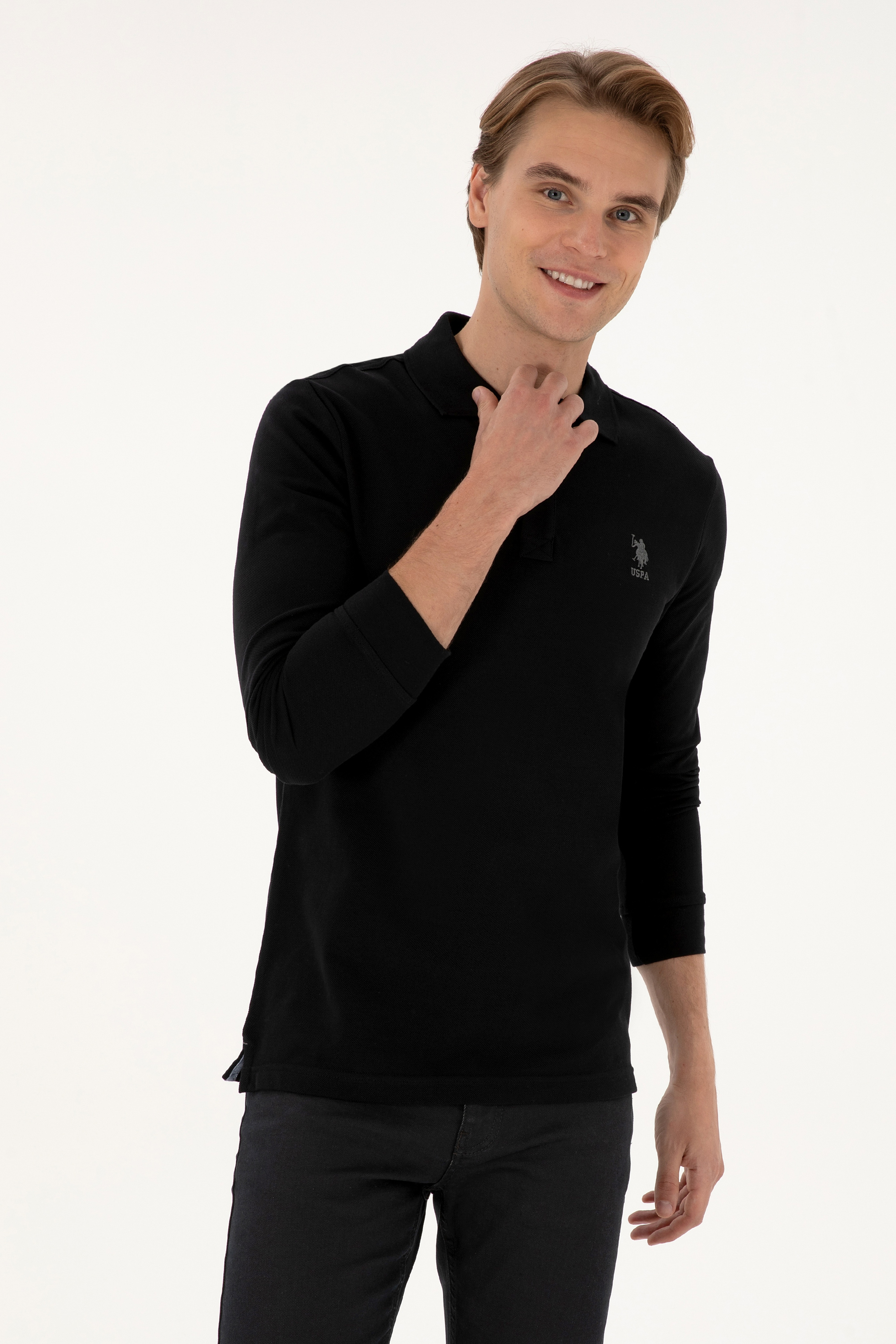 Erkek Regular Fit Polo Yaka Siyah Basic Sweatshirt - Image 1