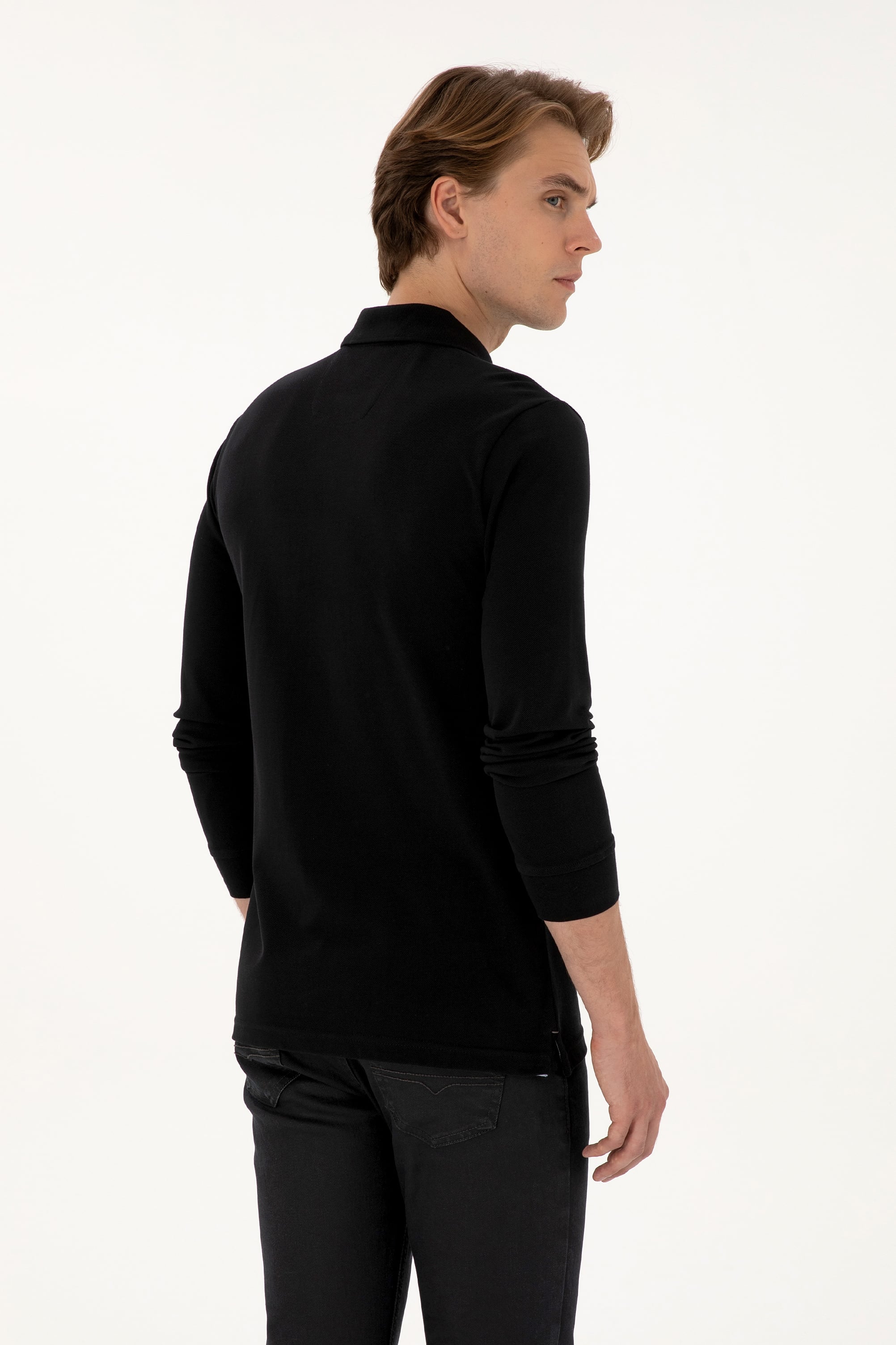 Erkek Regular Fit Polo Yaka Siyah Basic Sweatshirt - Image 5