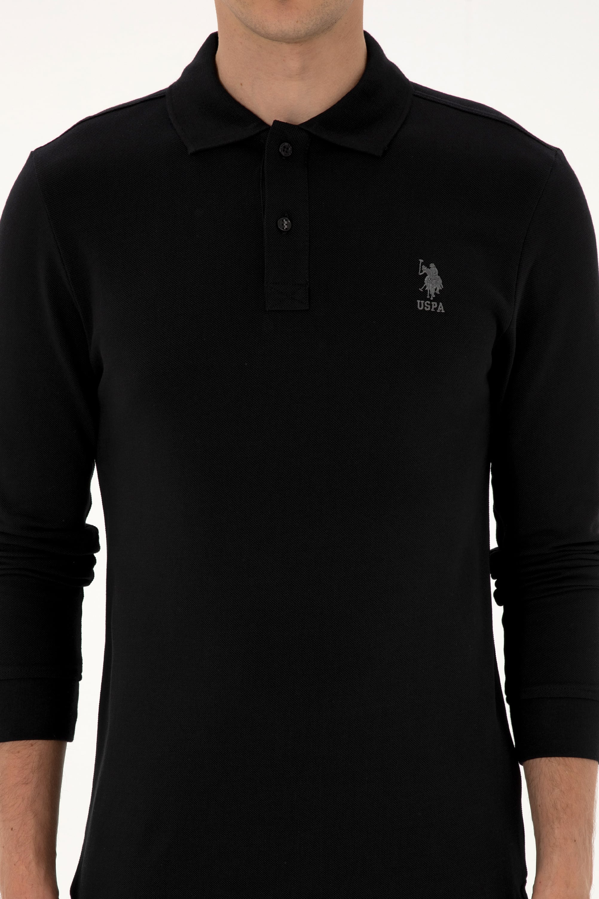 Erkek Regular Fit Polo Yaka Siyah Basic Sweatshirt - Image 6