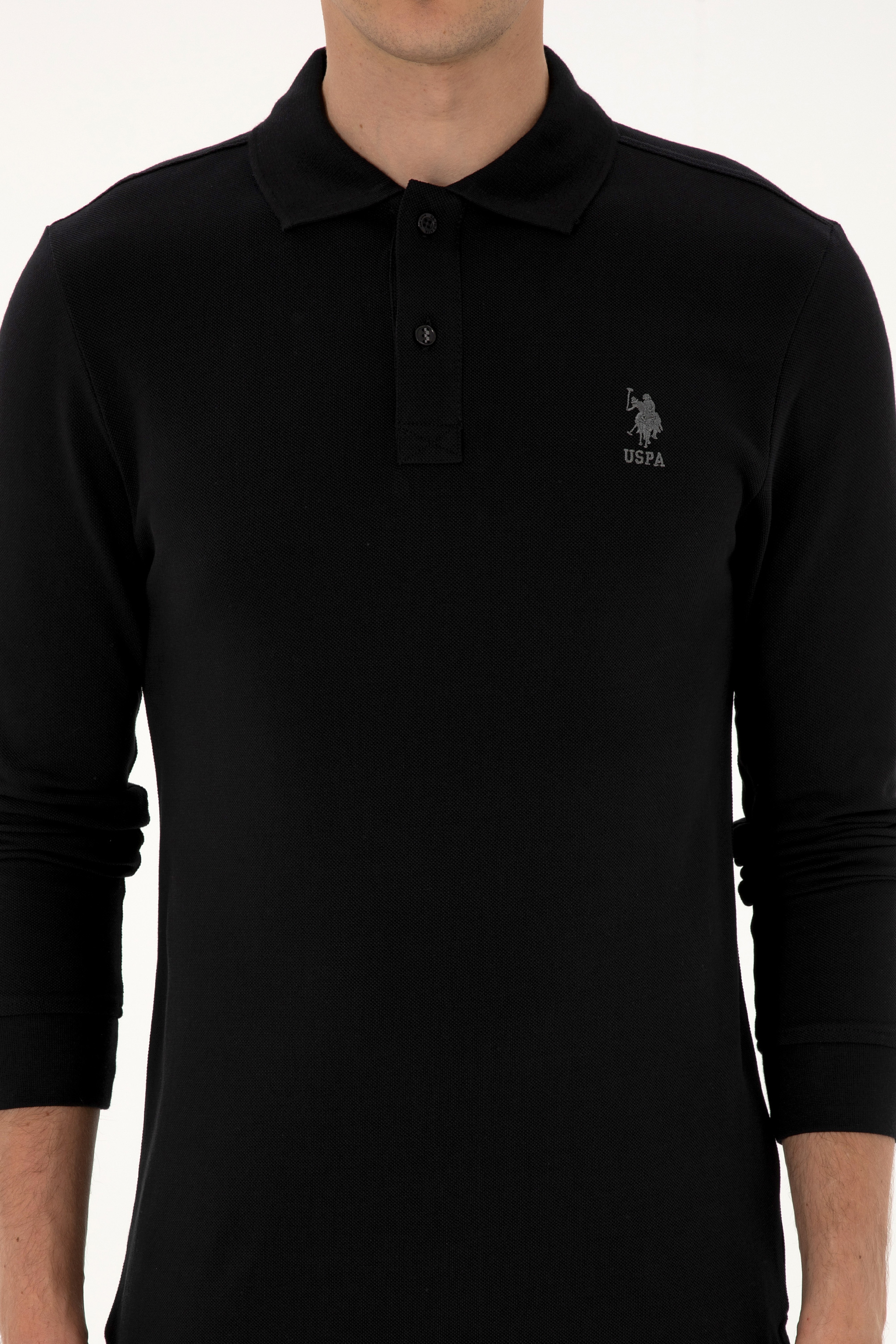 Erkek Regular Fit Polo Yaka Siyah Basic Sweatshirt