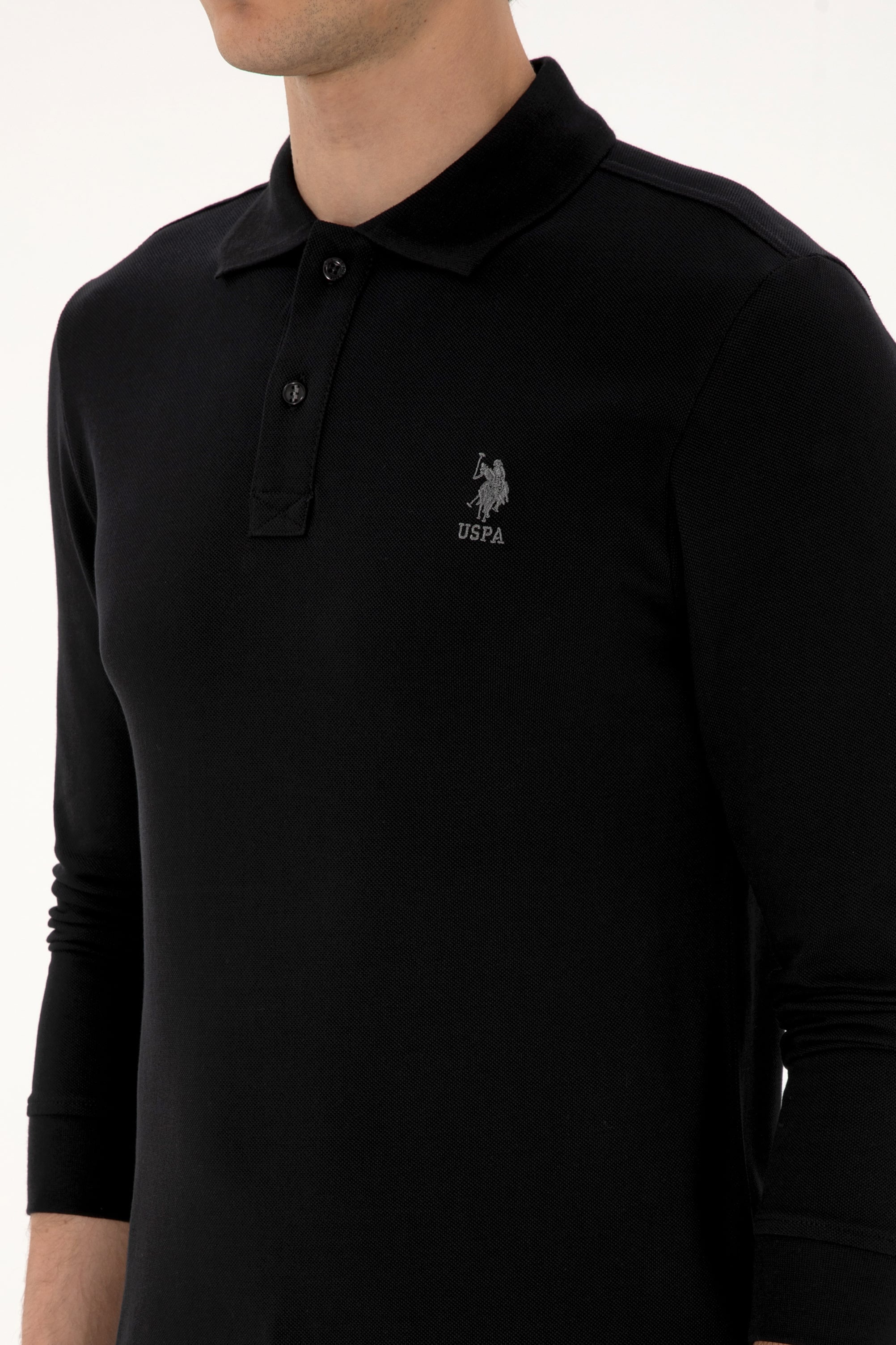 Erkek Regular Fit Polo Yaka Siyah Basic Sweatshirt - Image 7