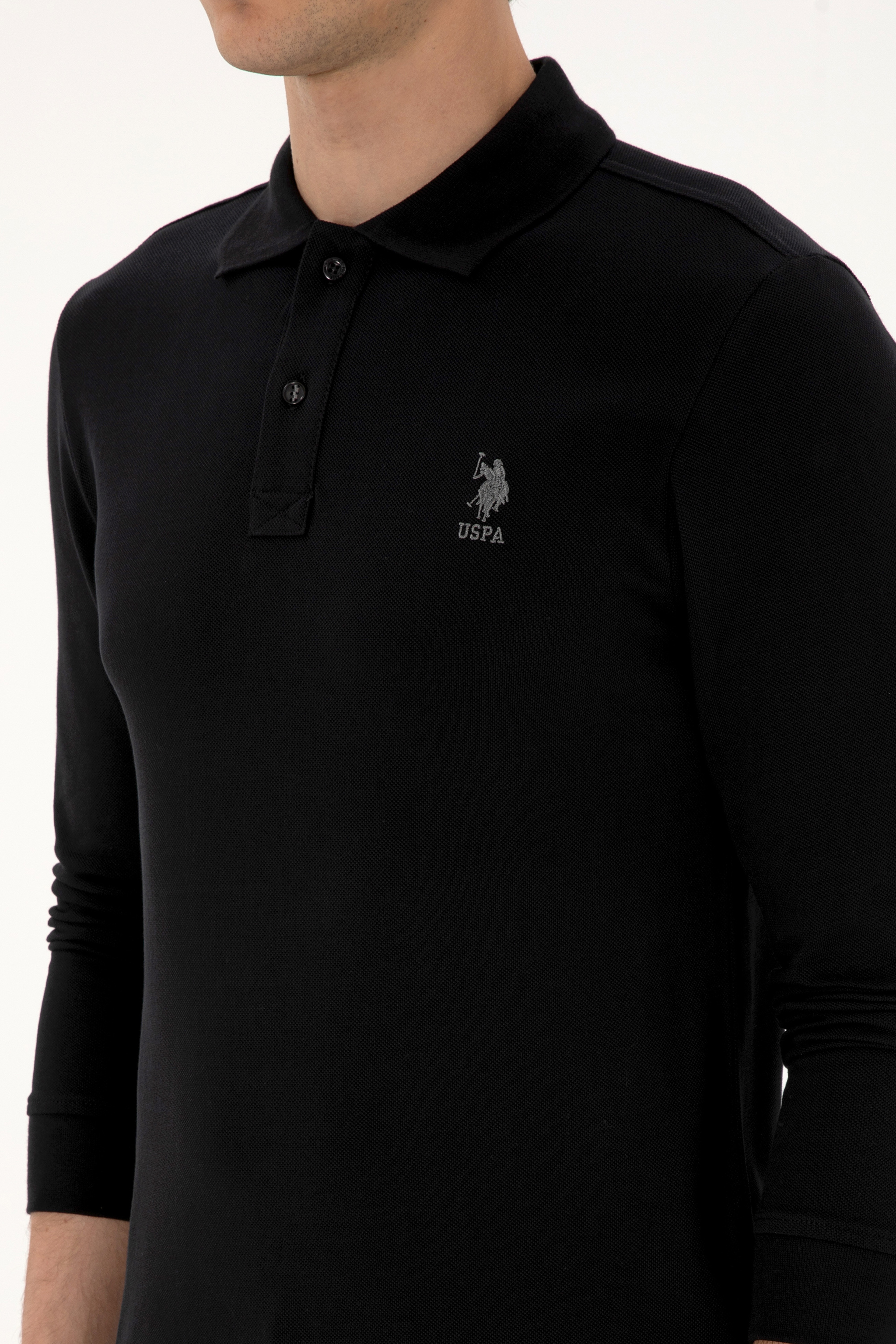 Erkek Regular Fit Polo Yaka Siyah Basic Sweatshirt