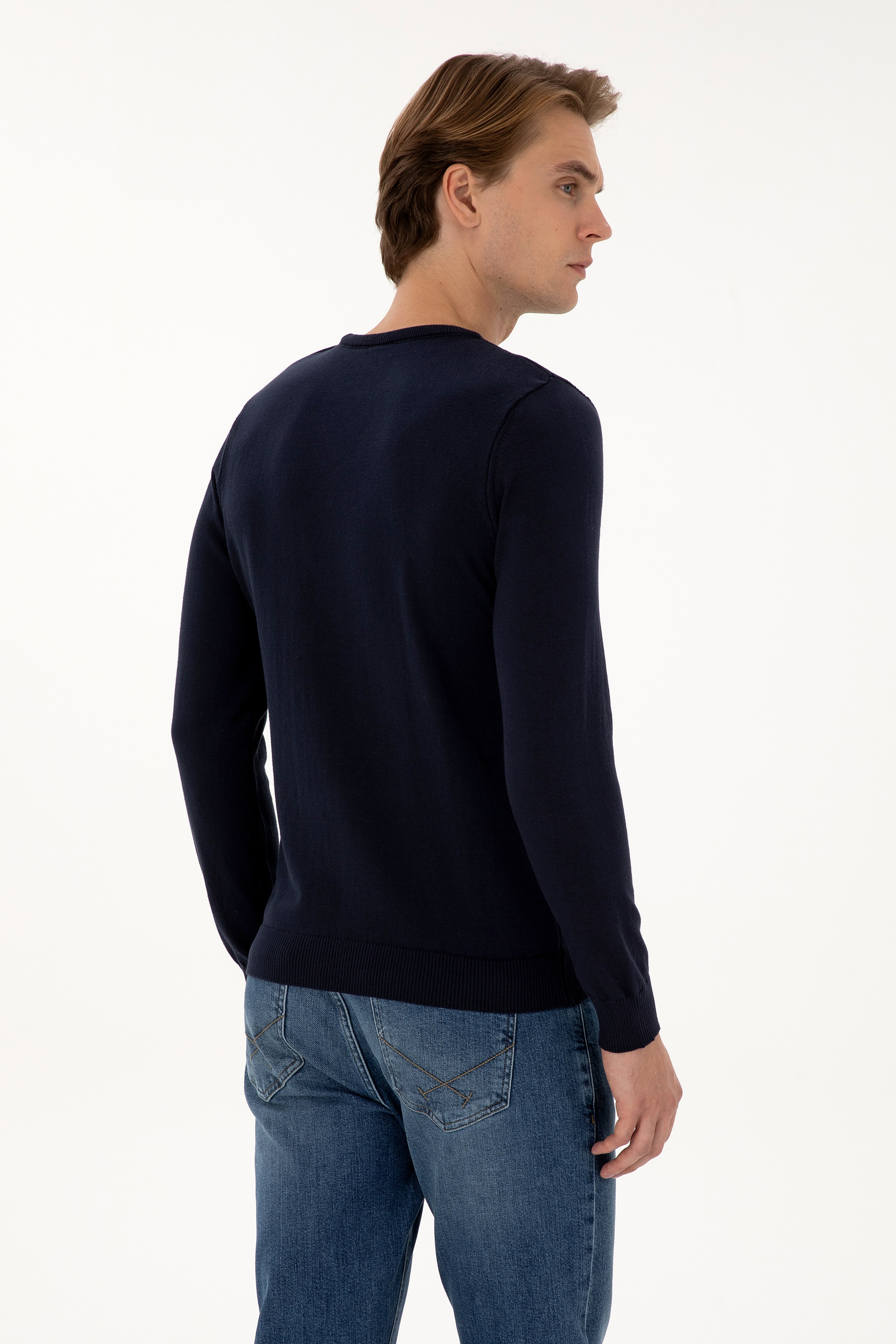 Erkek Slim Fit Bisiklet Yaka Lacivert Basic Kazak - Image 5