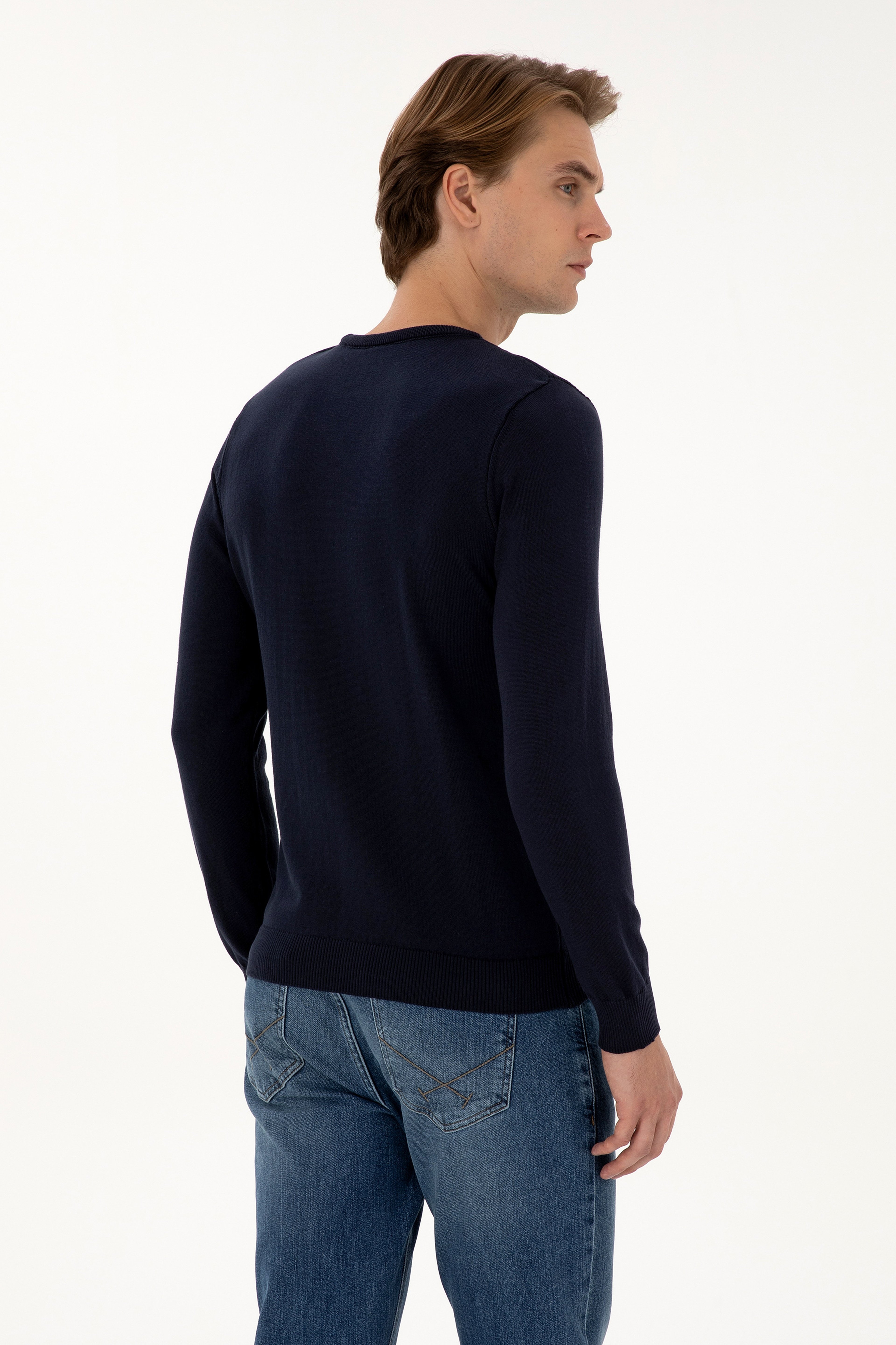 Erkek Slim Fit Bisiklet Yaka Lacivert Basic Kazak