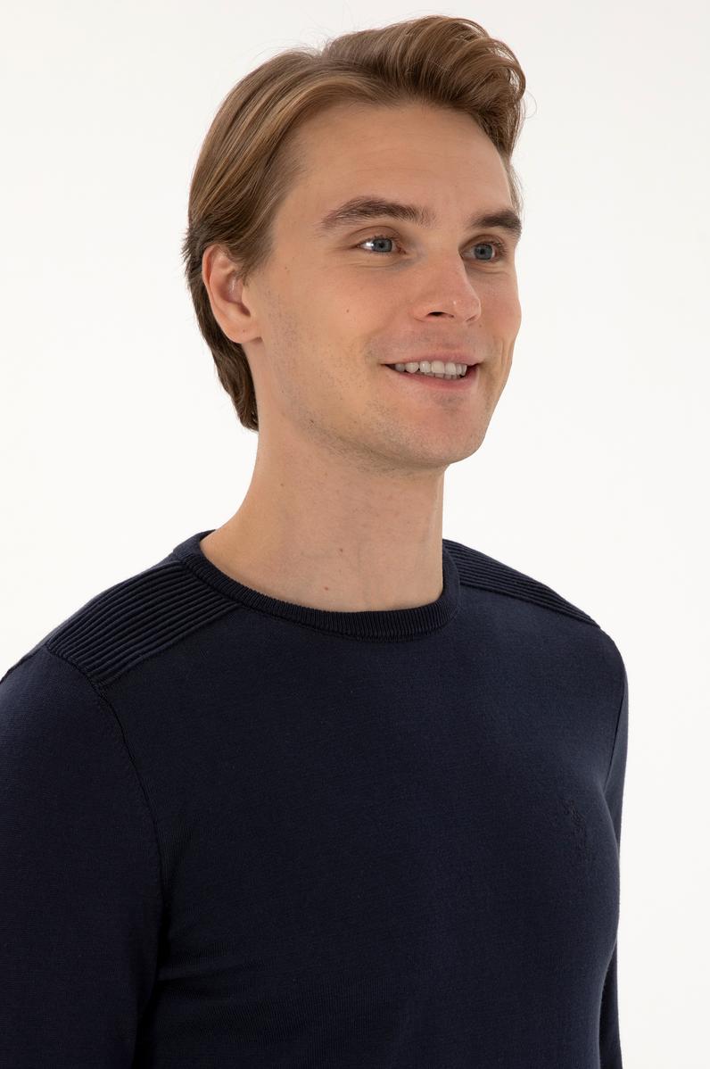 Erkek Slim Fit Bisiklet Yaka Lacivert Basic Kazak