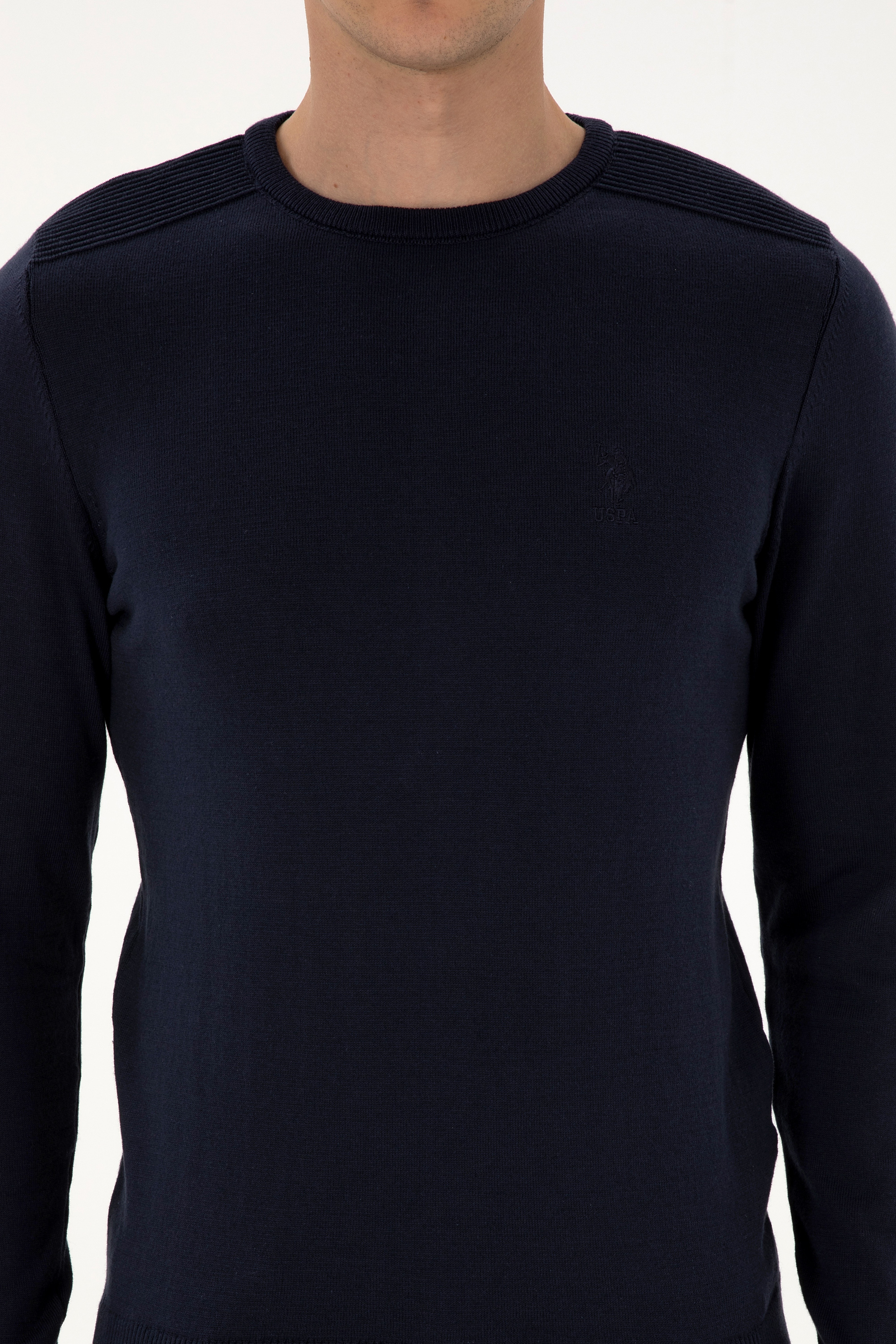Erkek Slim Fit Bisiklet Yaka Lacivert Basic Kazak