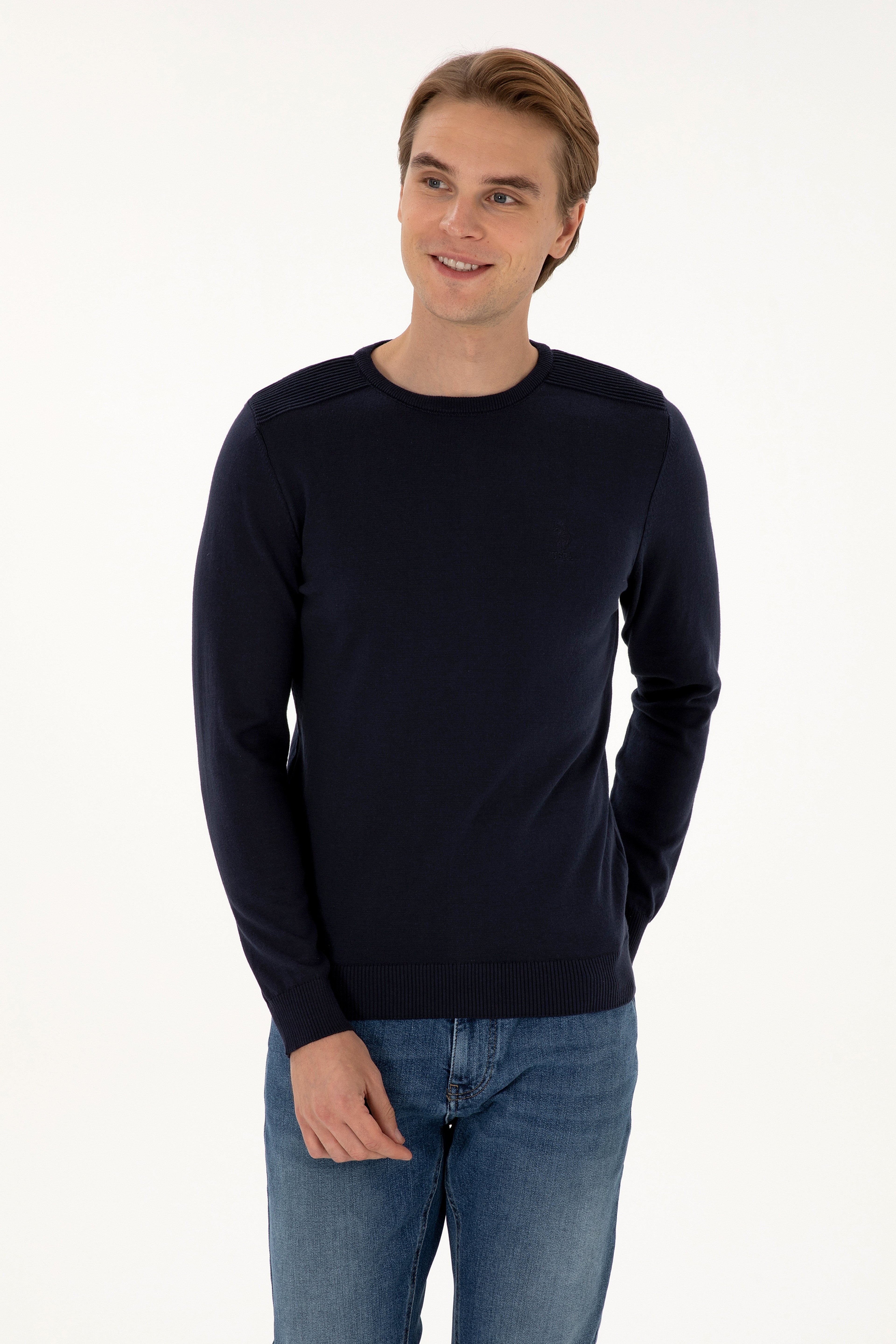 Erkek Slim Fit Bisiklet Yaka Lacivert Basic Kazak - Image 3