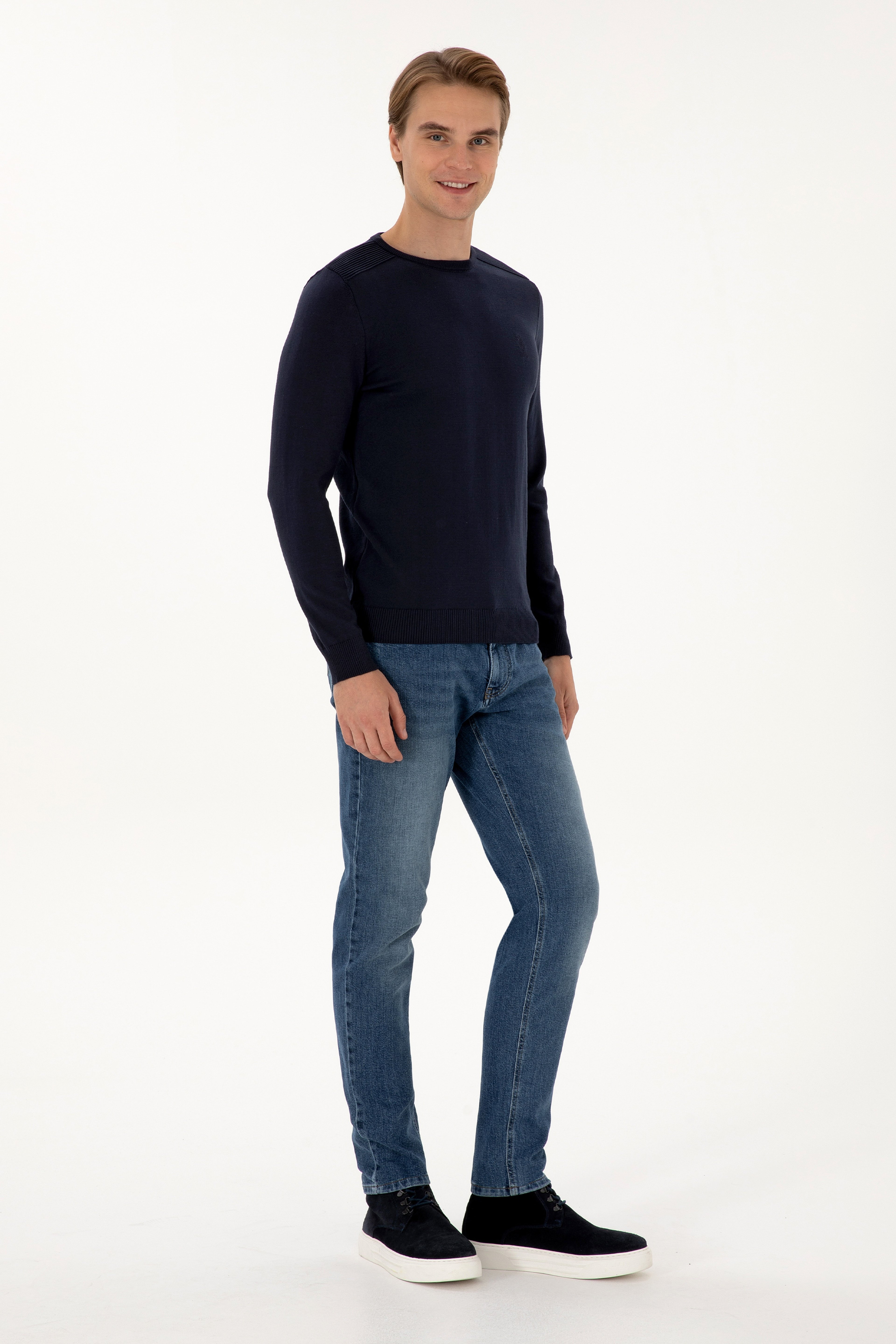 Erkek Slim Fit Bisiklet Yaka Lacivert Basic Kazak - Image 4