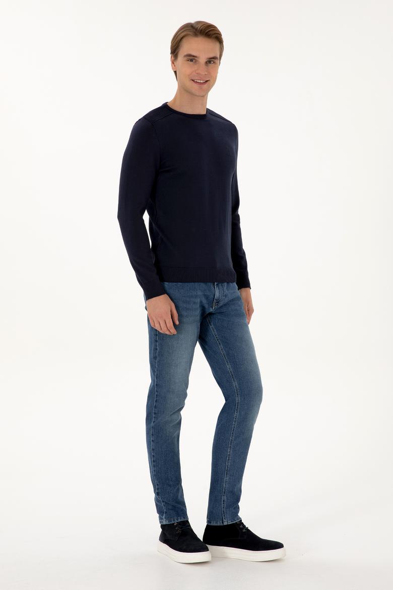Erkek Slim Fit Bisiklet Yaka Lacivert Basic Kazak - 50307779053