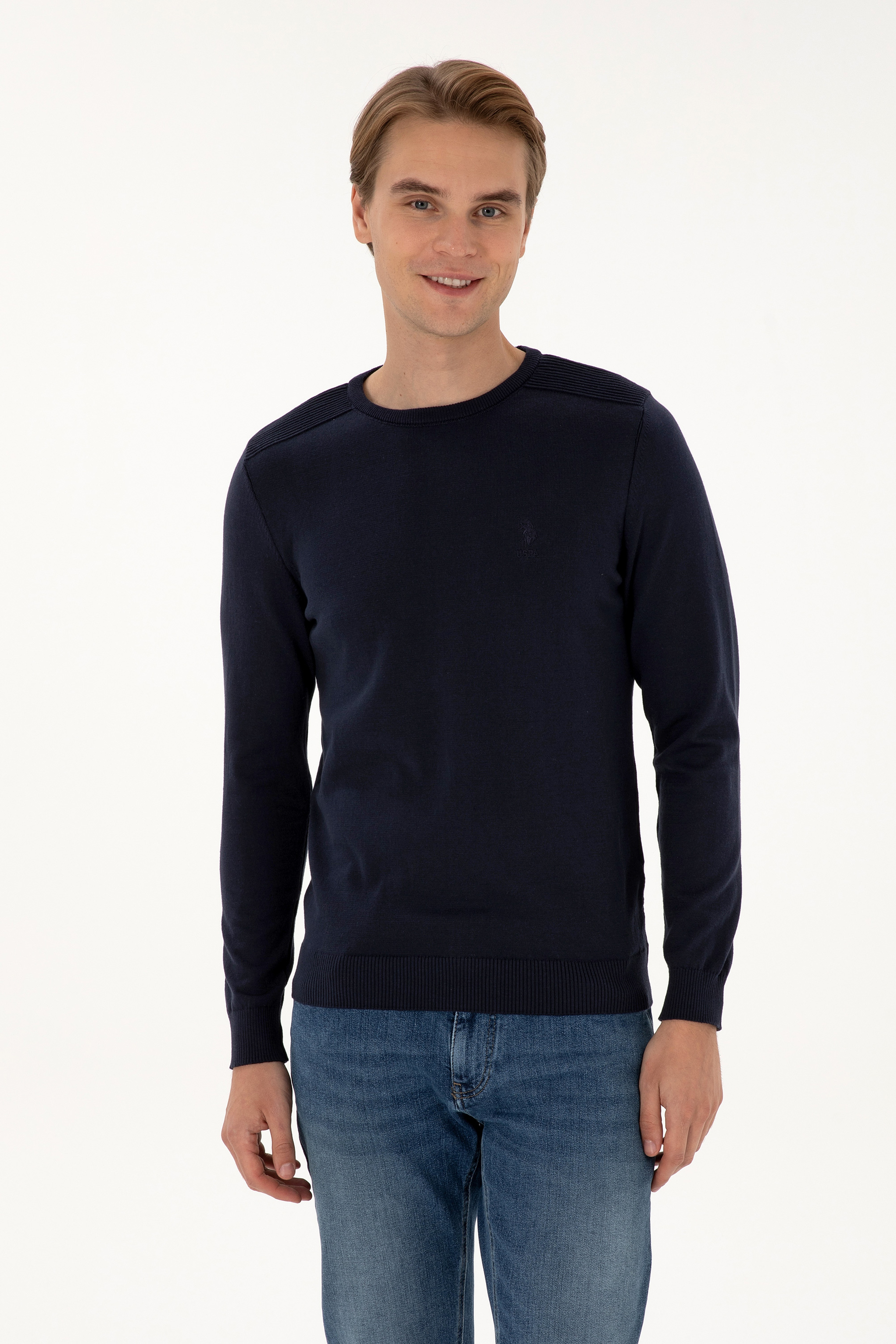 Erkek Slim Fit Bisiklet Yaka Lacivert Basic Kazak - Image 1