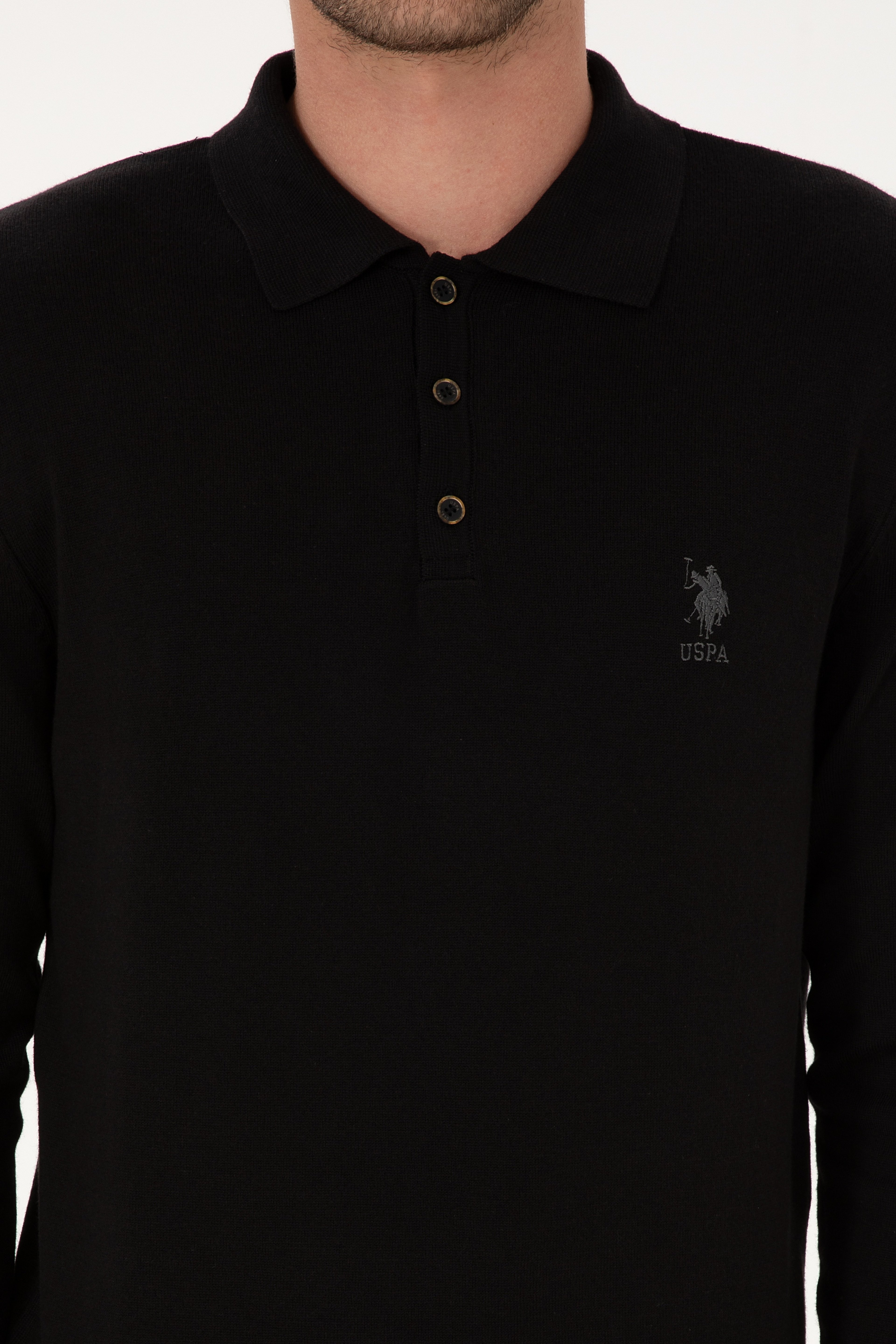 Erkek Slim Fit Polo Yaka Siyah Basic Kazak - Image 6