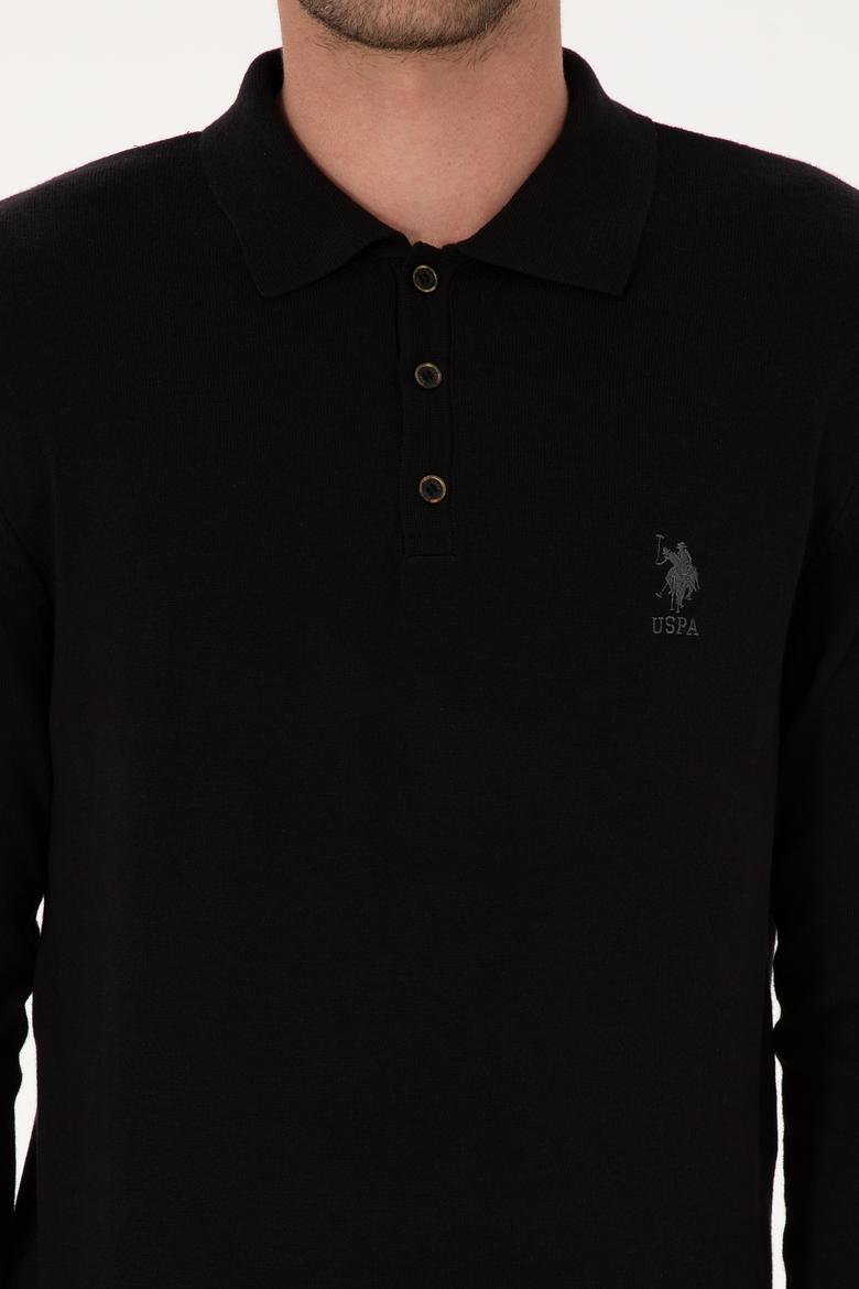 Erkek Slim Fit Polo Yaka Siyah Basic Kazak - 50307799008