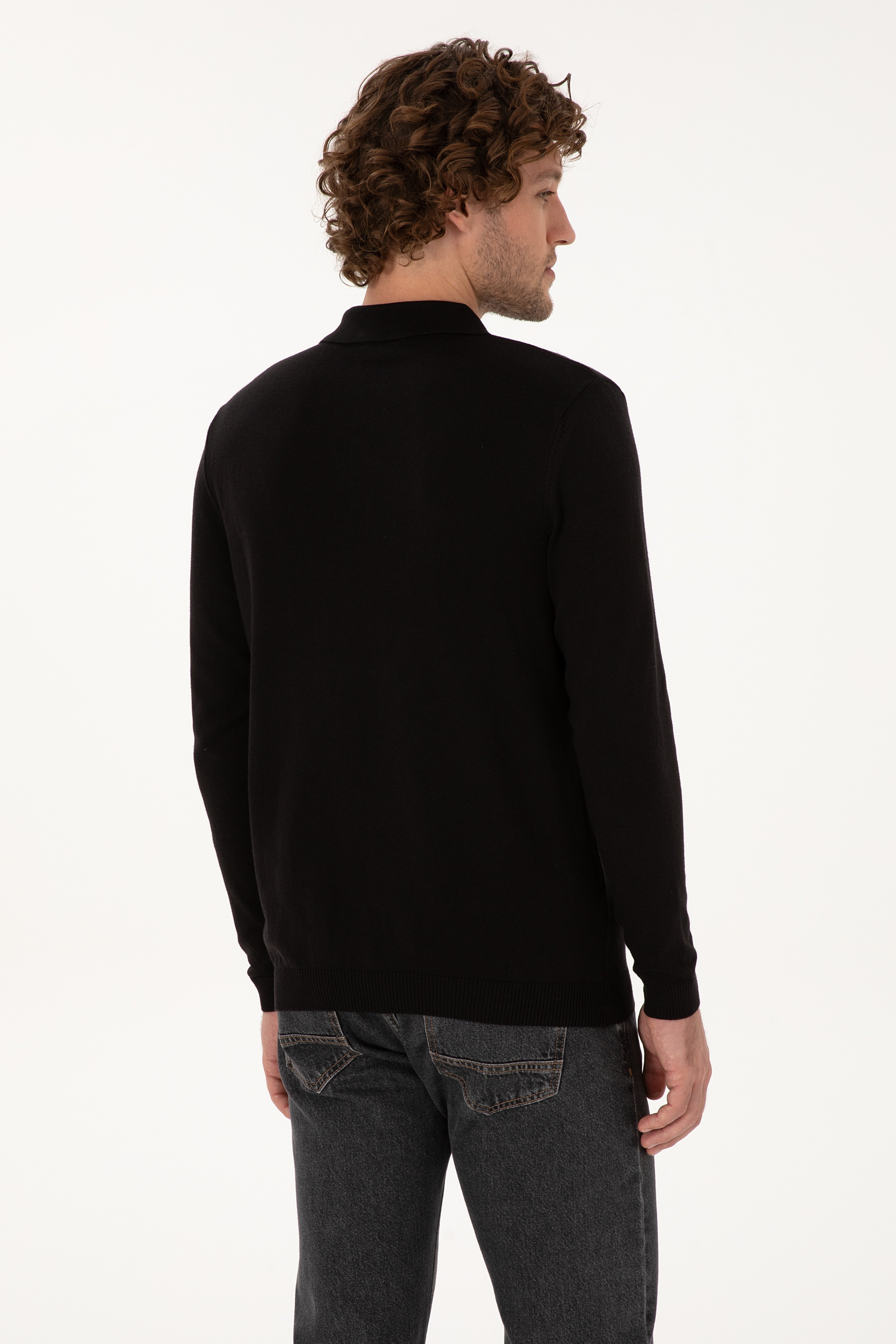 Erkek Slim Fit Polo Yaka Siyah Basic Kazak