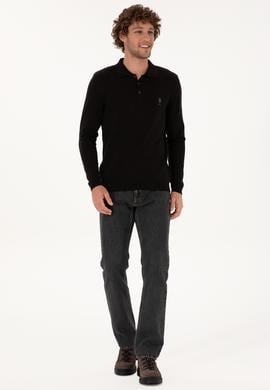 Erkek Slim Fit Polo Yaka Siyah Basic Kazak - 50307799008