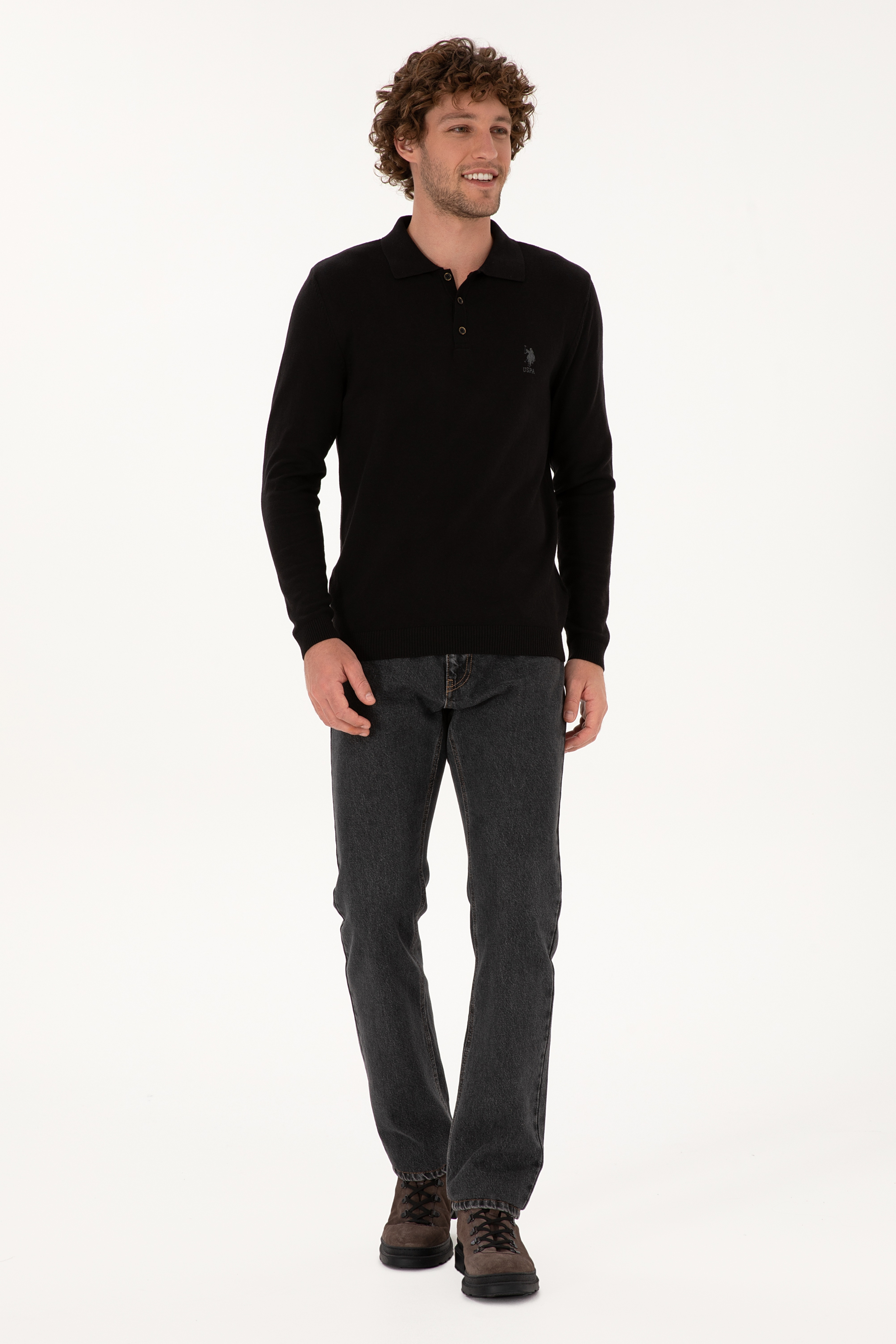 Erkek Slim Fit Polo Yaka Siyah Basic Kazak