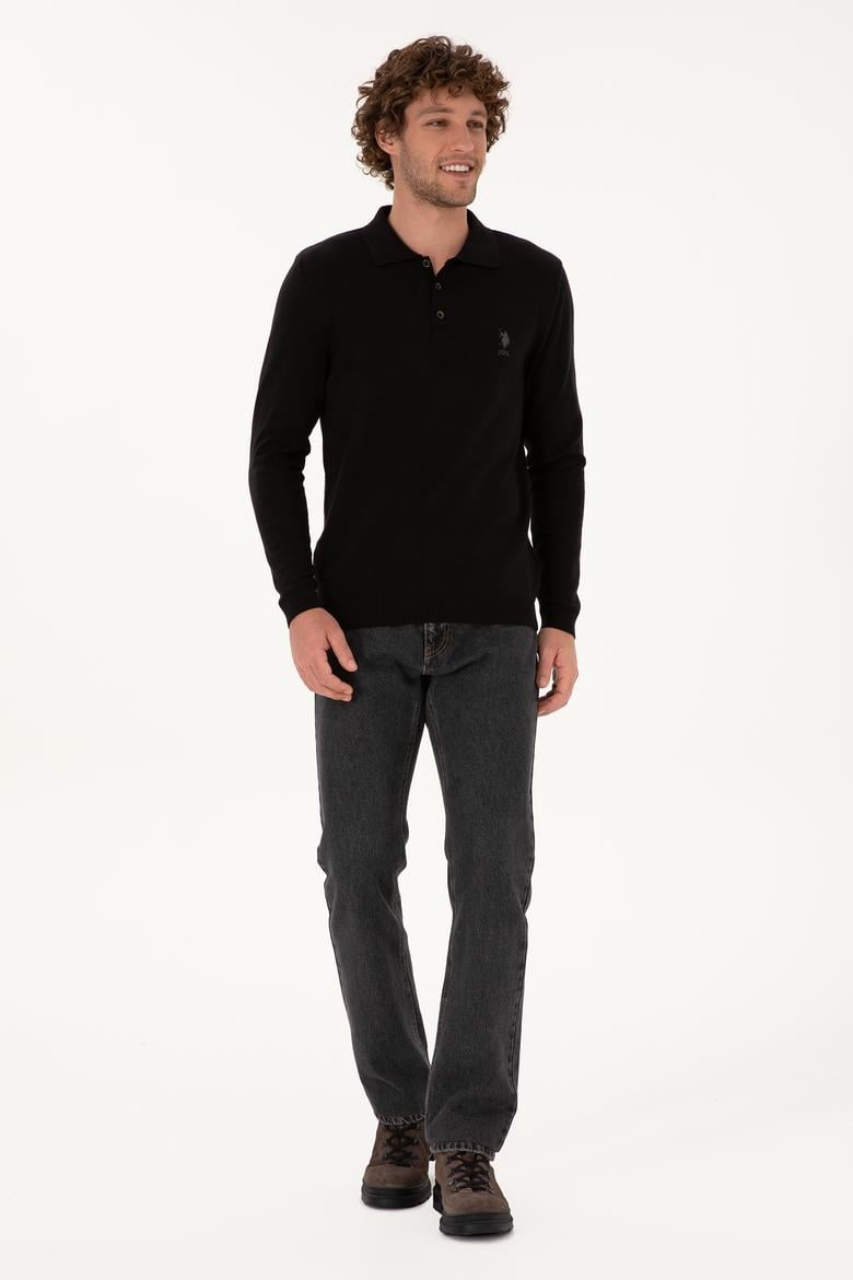 Erkek Slim Fit Polo Yaka Siyah Basic Kazak - 50307799008