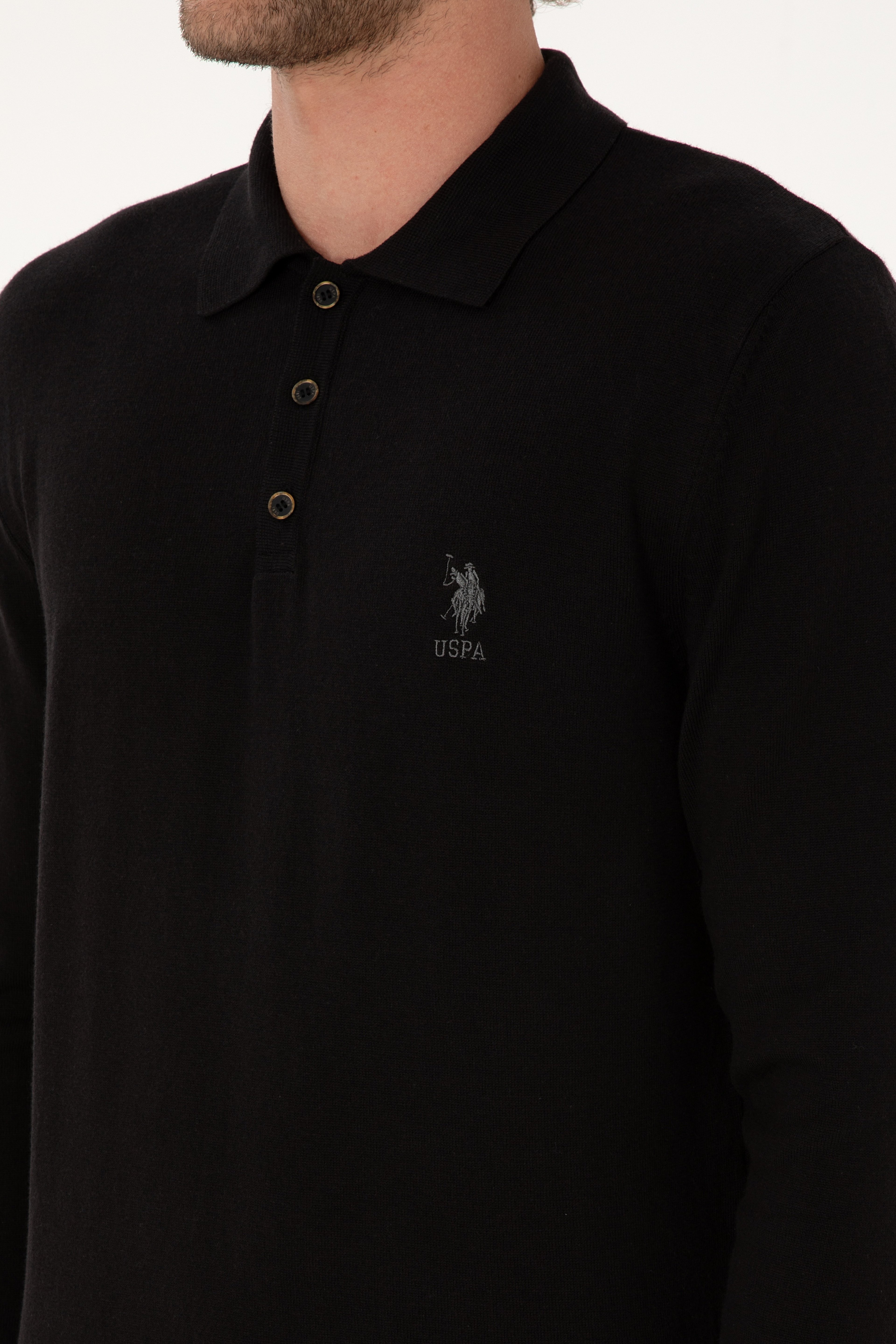 Erkek Slim Fit Polo Yaka Siyah Basic Kazak - Image 7