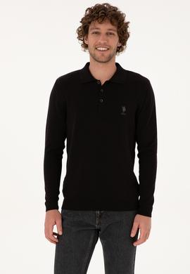 Erkek Slim Fit Polo Yaka Siyah Basic Kazak - 50307799008