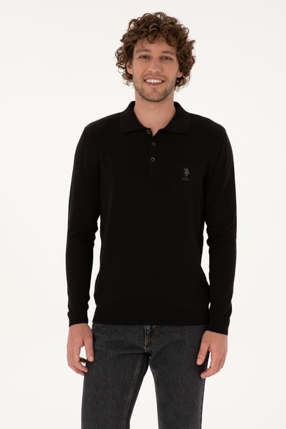 Erkek Slim Fit Polo Yaka Siyah Basic Kazak
