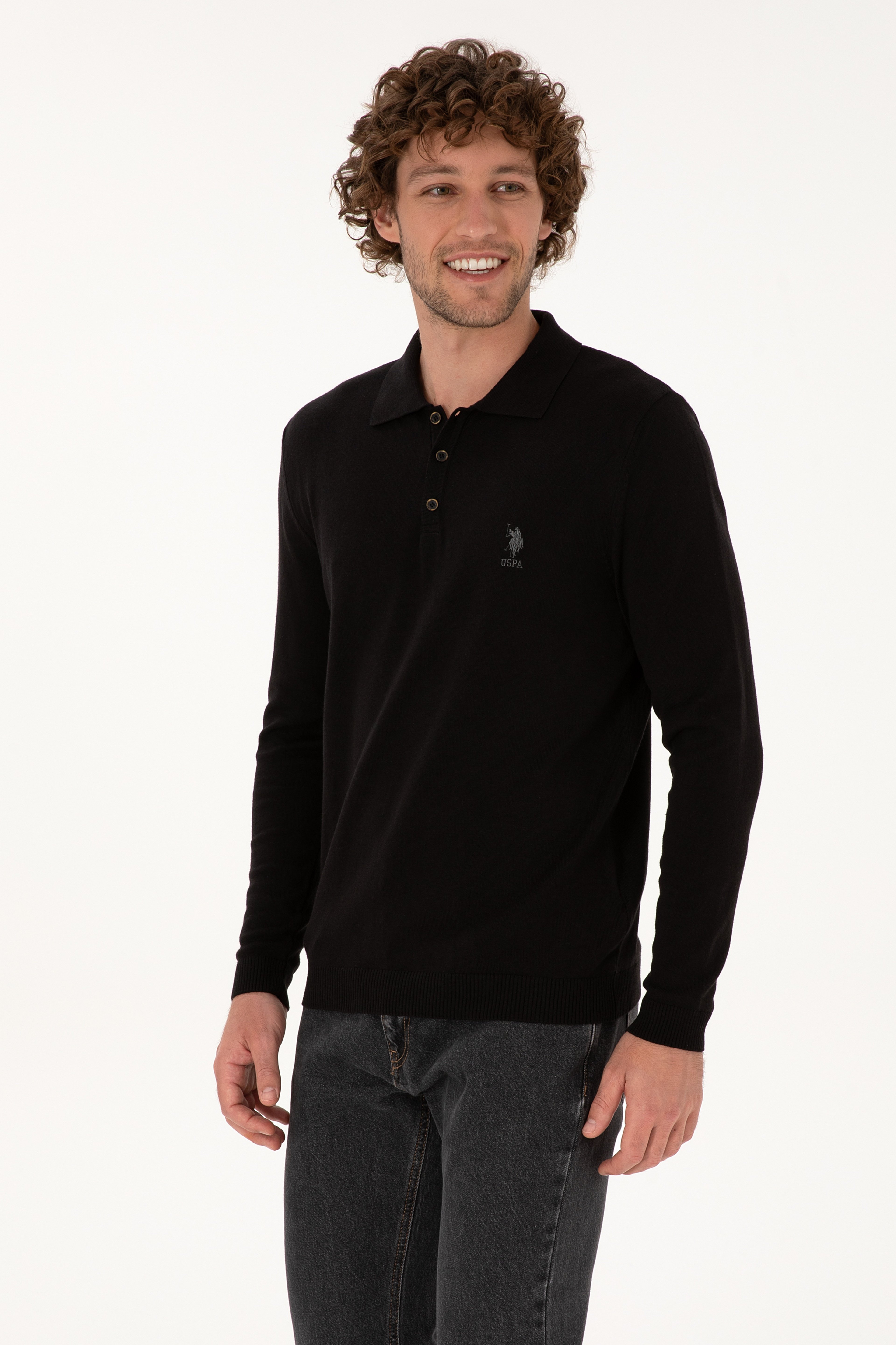 Erkek Slim Fit Polo Yaka Siyah Basic Kazak