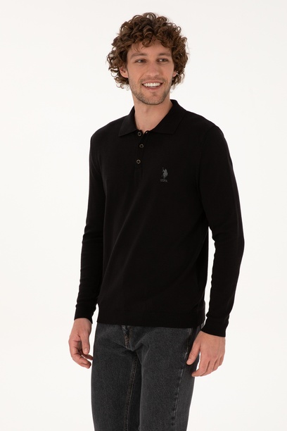 Erkek Slim Fit Polo Yaka Siyah Basic Kazak